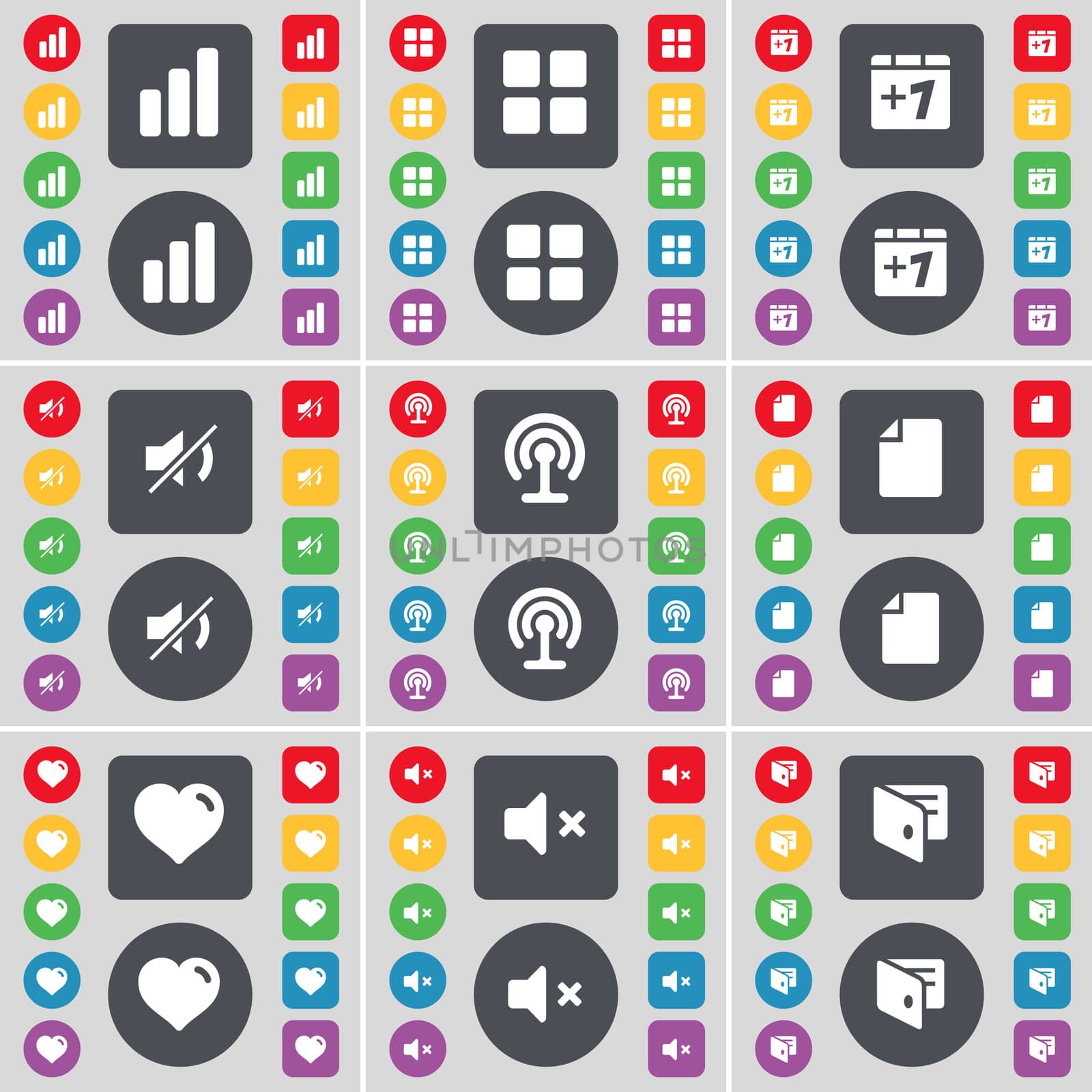 Diagram, Apps, Plus one, Mute, Wi-Fi, File, Heart, Wallet icon symbol. A large set of flat, colored buttons for your design.  by serhii_lohvyniuk