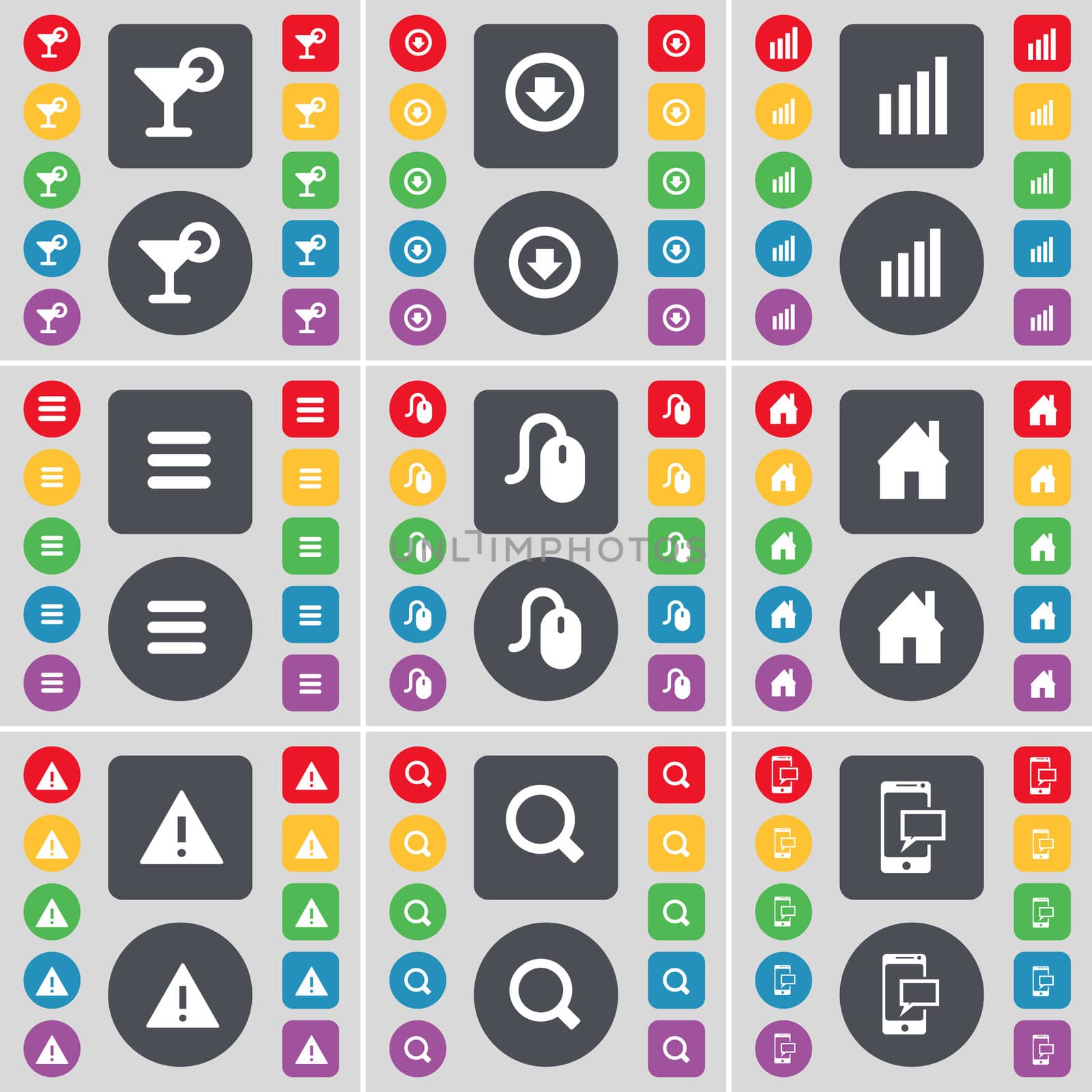 Cocktail, Arrow down, Diagram, Apps, Mouse, House, Warning, Magnifying glass, SMS icon symbol. A large set of flat, colored buttons for your design. illustration