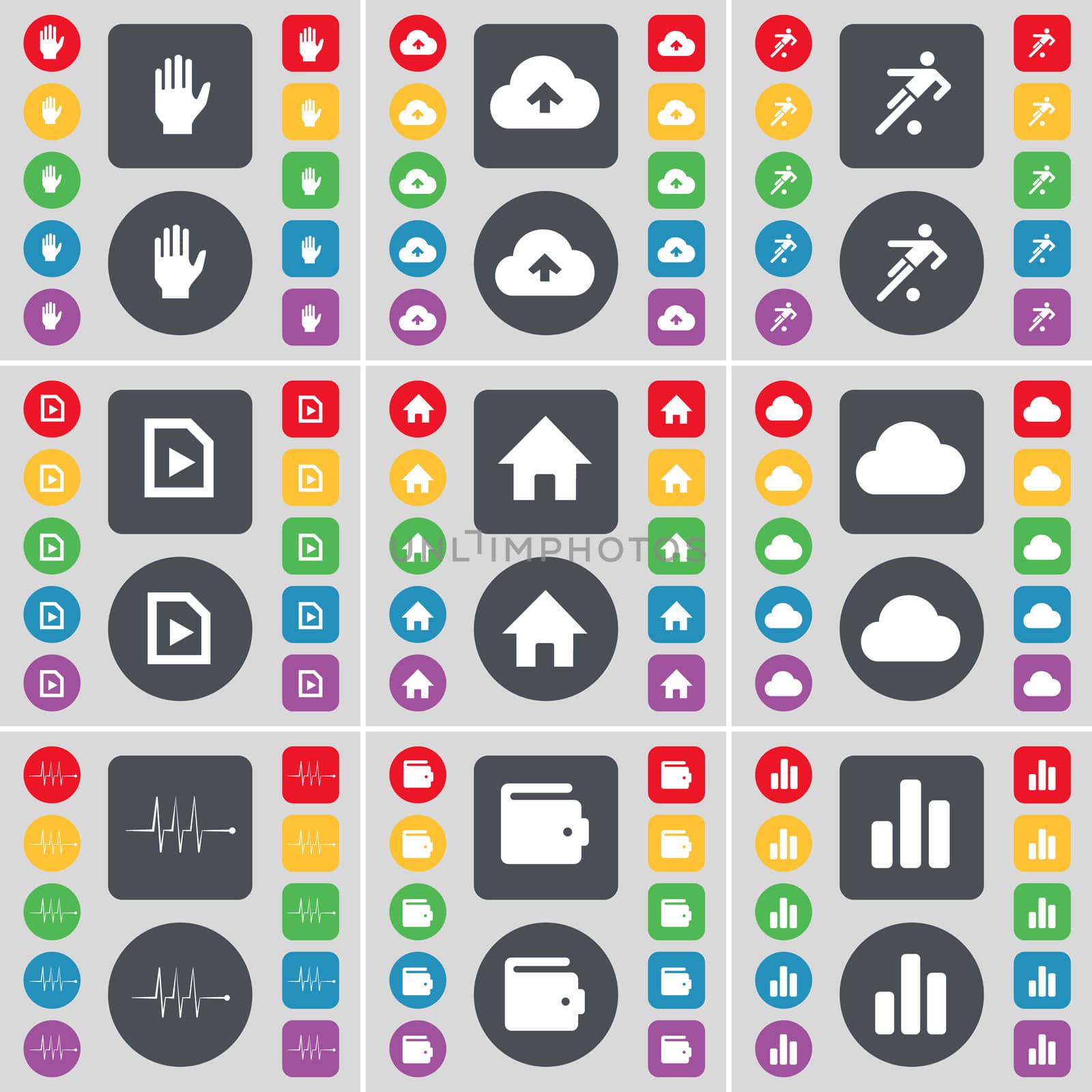 Hand, Cloud, Football, File, House, Cloud, Pulse, Wallet, Diagram icon symbol. A large set of flat, colored buttons for your design.  by serhii_lohvyniuk