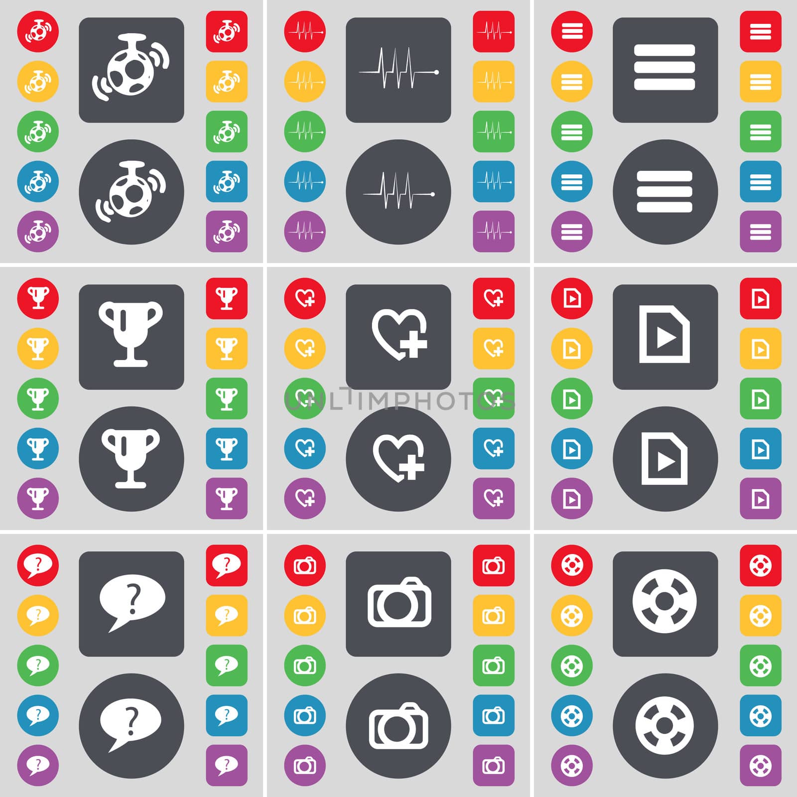 Speaker, Pulse, Apps, Cup, Heart, File, Chat bubble, Camera, Videotape icon symbol. A large set of flat, colored buttons for your design.  by serhii_lohvyniuk
