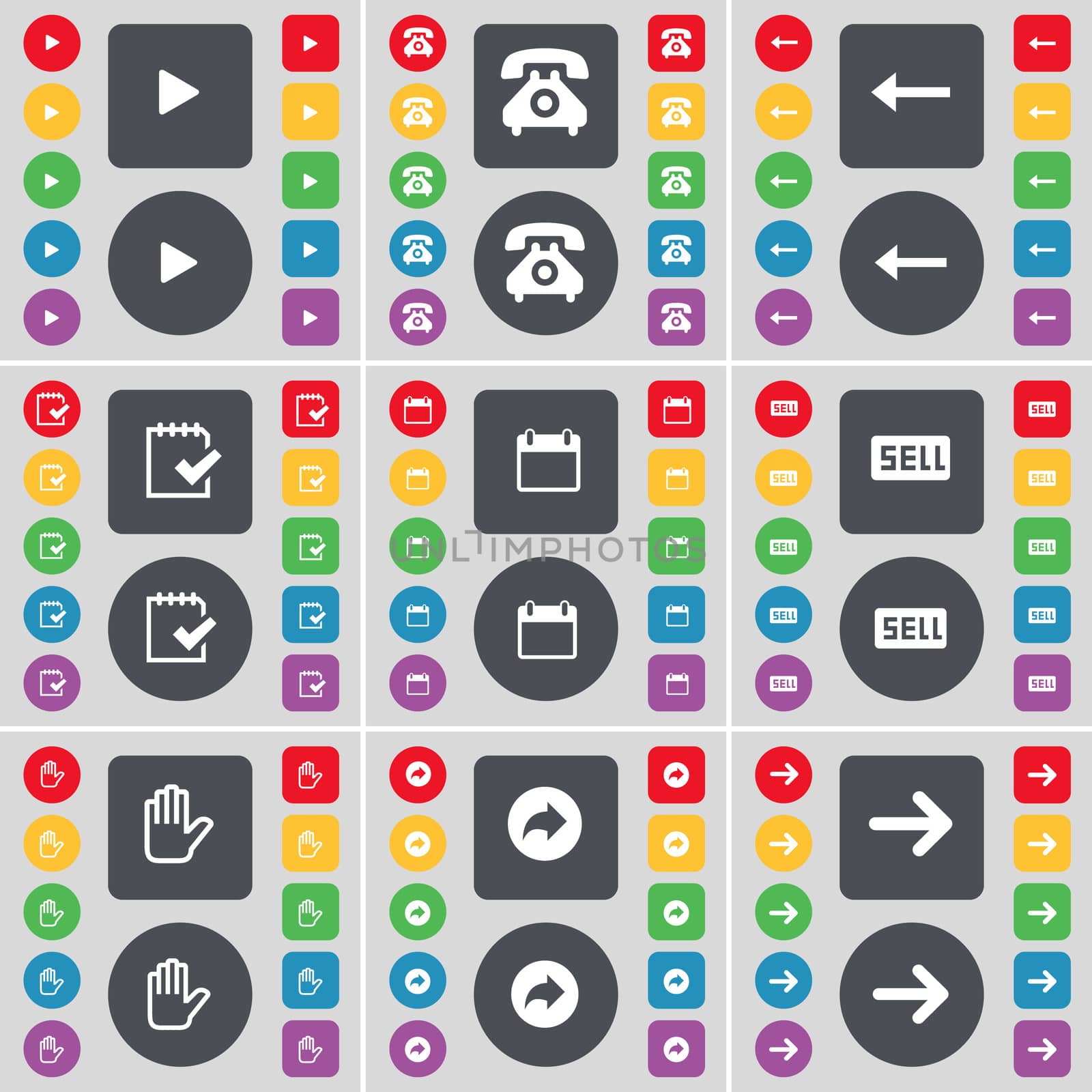 Media play, Retro phone, Arrow left, Survey, Calendar, Sell, Hand, Back, Arrow right icon symbol. A large set of flat, colored buttons for your design.  by serhii_lohvyniuk