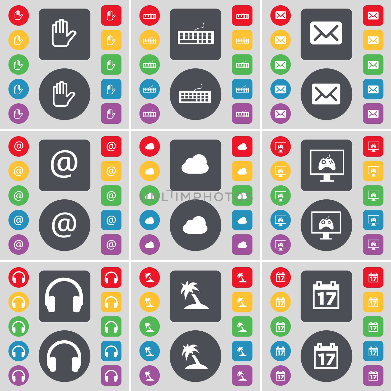 Hand, Keyboard, Message, Mail, Cloud, Monitor, Headphones, Palm, Calendar icon symbol. A large set of flat, colored buttons for your design. illustration