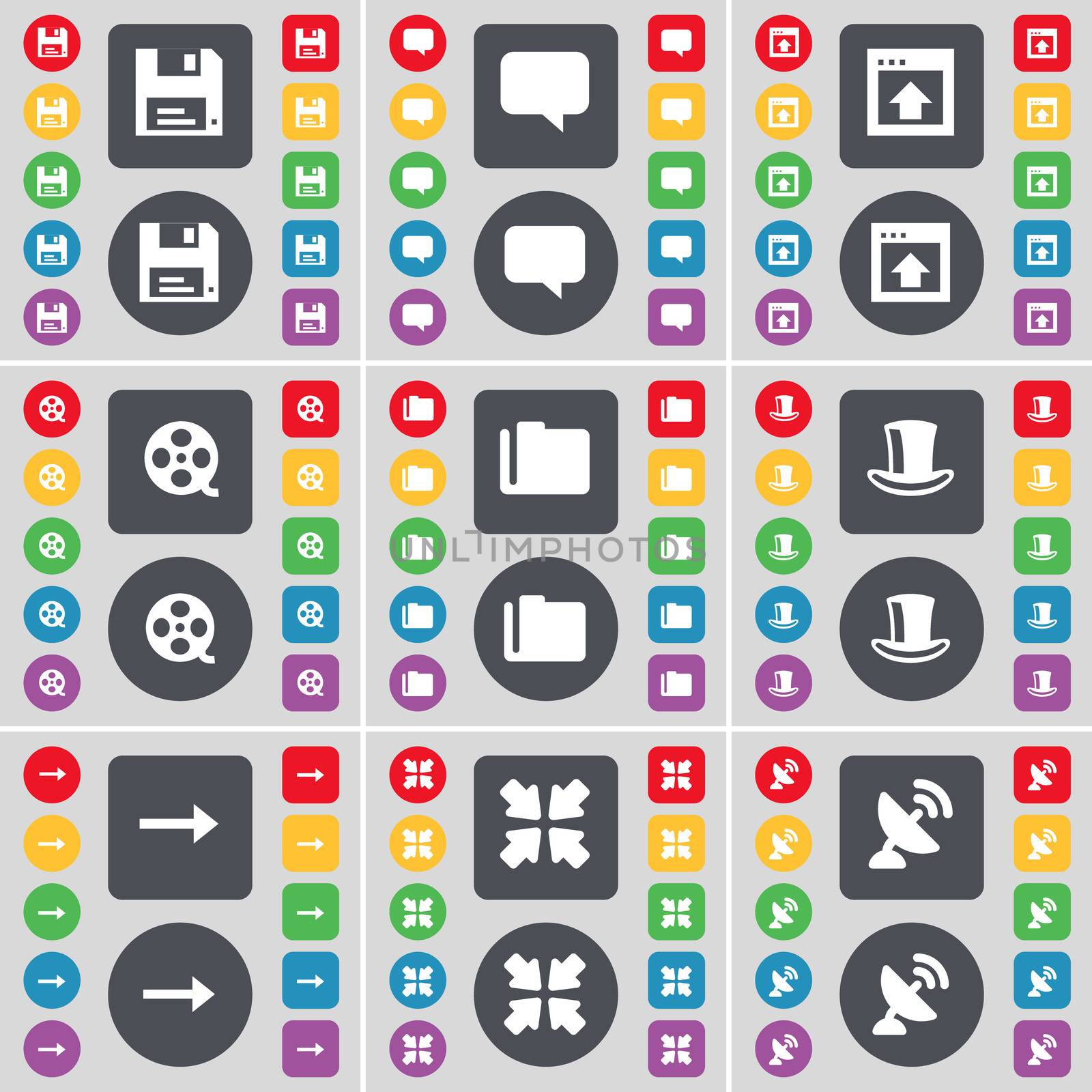 Floppy, Chat bubble, Window, Videotape, Folder, Silk hat, Arrow right, Deploying screen, Satellite dish icon symbol. A large set of flat, colored buttons for your design. illustration
