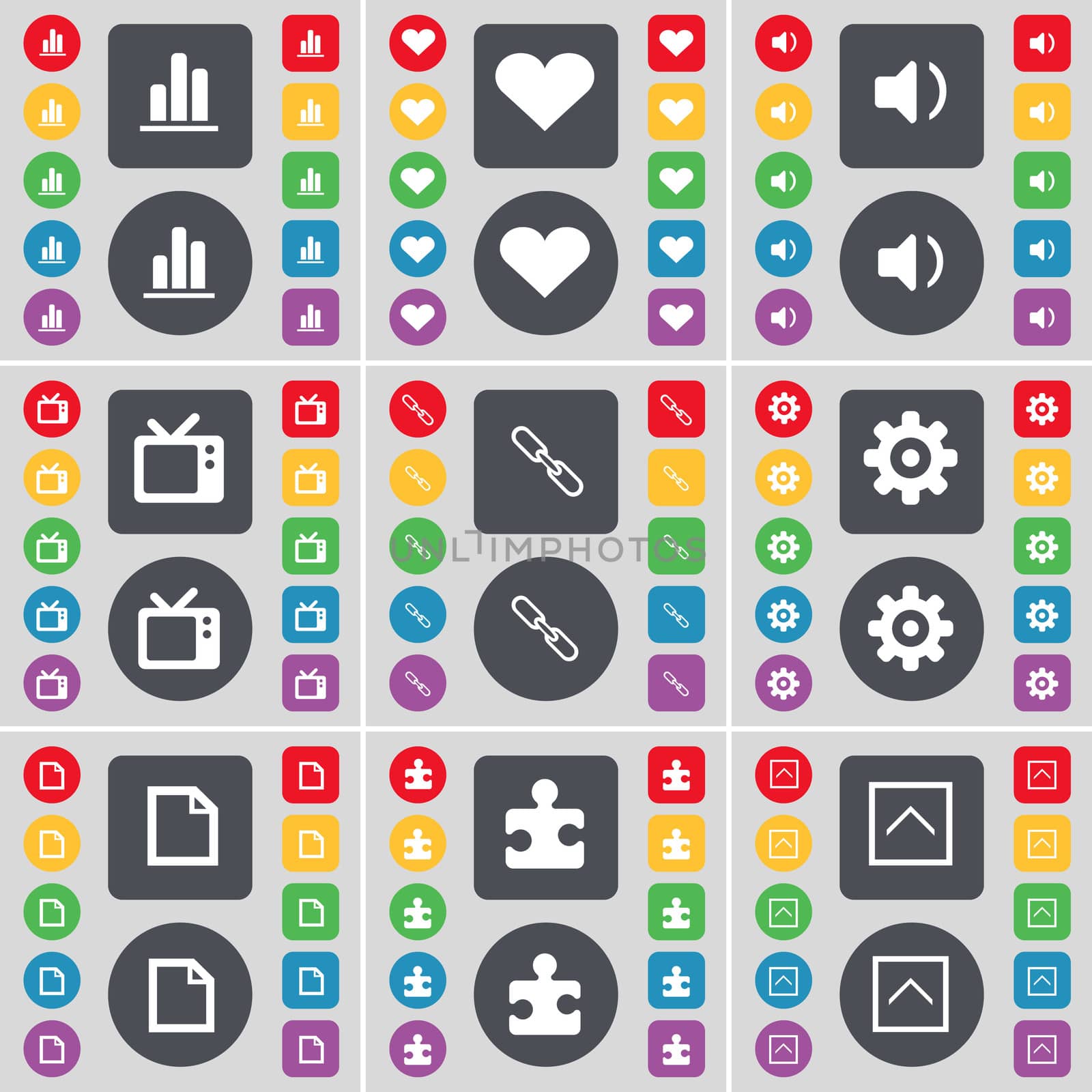 Diagram, Heart, Sound, Retro TV, Link, Gear, File, Puzzle part, Arrow up icon symbol. A large set of flat, colored buttons for your design. illustration