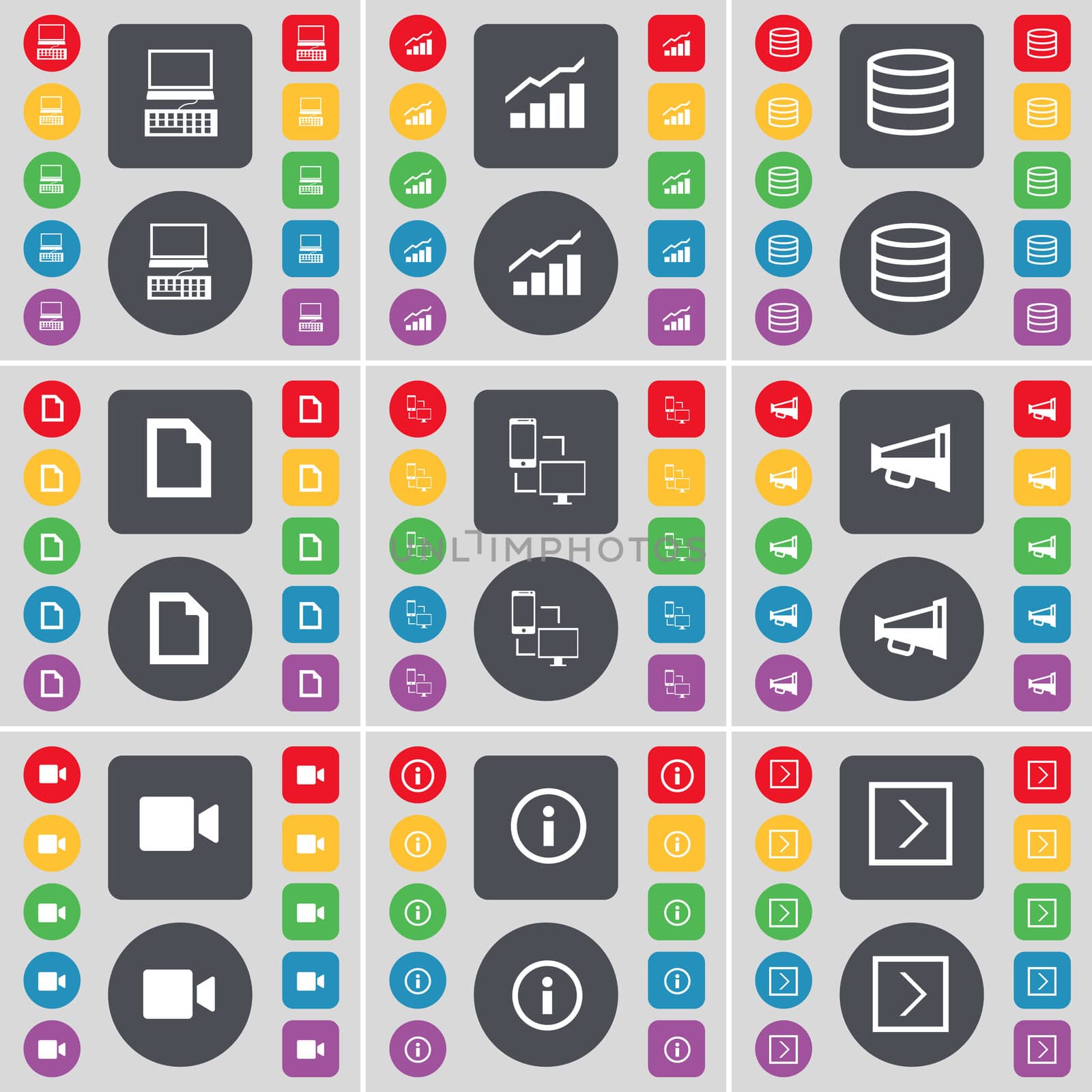 Laptop, Graph, Database, File, Connection, Megaphone, Film camera, Information, Arrow right icon symbol. A large set of flat, colored buttons for your design.  by serhii_lohvyniuk