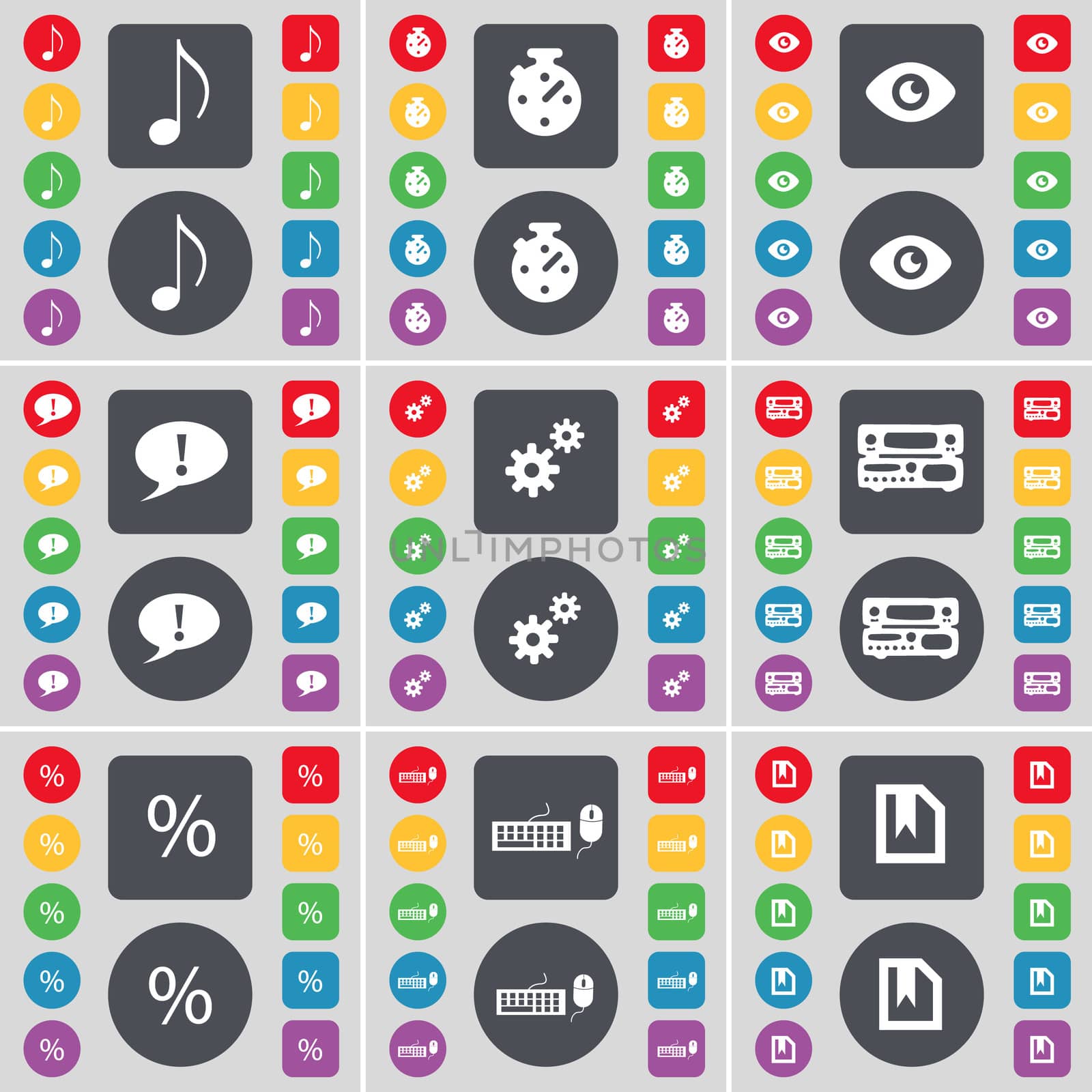 Note, Stopwatch, Vision, Chat bubble, Gear, Record-player, Percent, Keyboard, File icon symbol. A large set of flat, colored buttons for your design. illustration