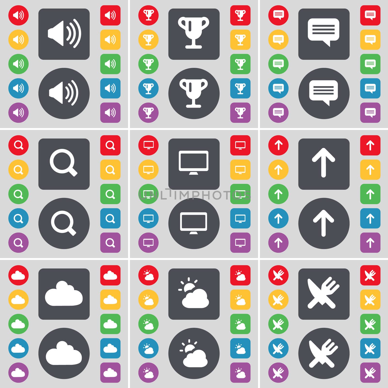 Sound, Cup, Chat, Magnifying glass, Monitor, Arrow up, Cloud, Fork and knife icon symbol. A large set of flat, colored buttons for your design. illustration