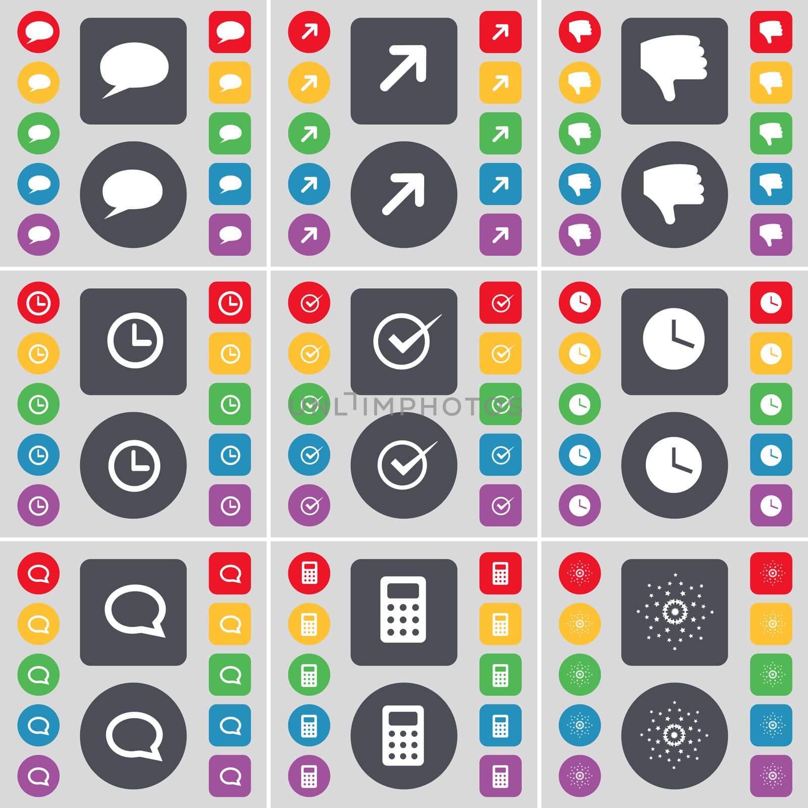 Chat bubble, Full screen, Dislike, Clock, Tick, Clock, Chat bubble, Mobile, Star icon symbol. A large set of flat, colored buttons for your design.  by serhii_lohvyniuk