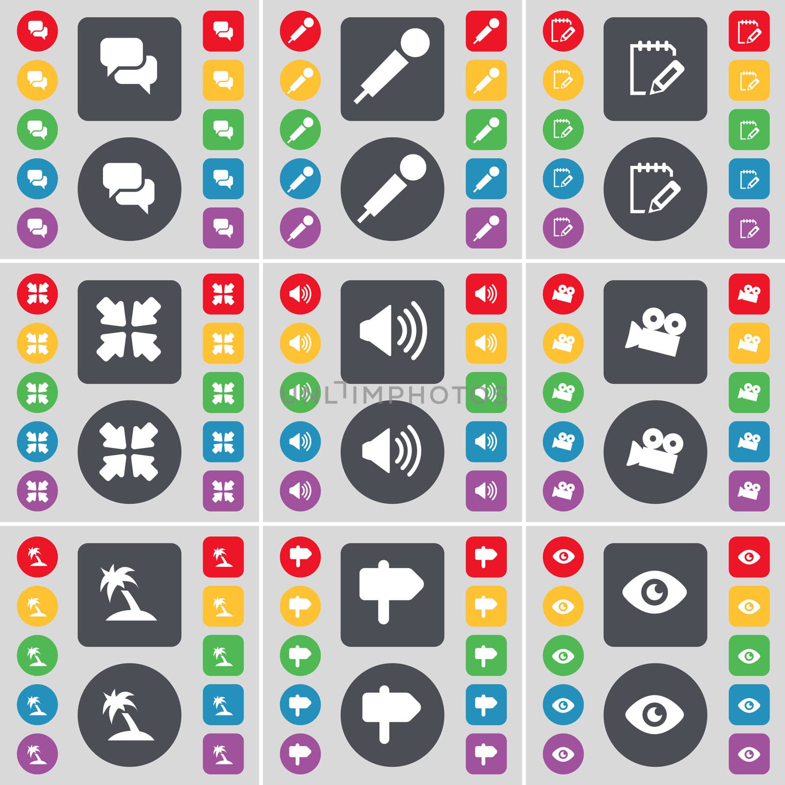 Chat, Microphone, Survey, Deploying screen, Sound, Film camera, Palm, Sighpost, Vision icon symbol. A large set of flat, colored buttons for your design. illustration