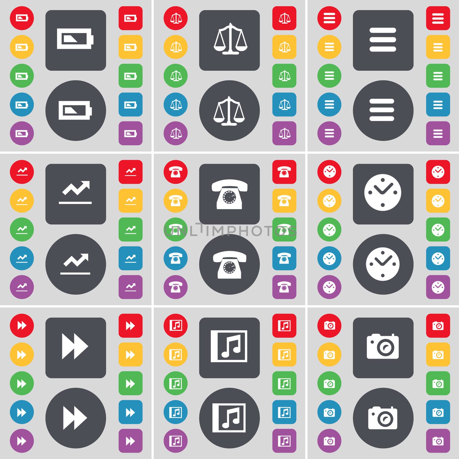 Battery, Scales, Apps, Graph, Retro phone, Clock, Rewind, Music window, Camera icon symbol. A large set of flat, colored buttons for your design. illustration