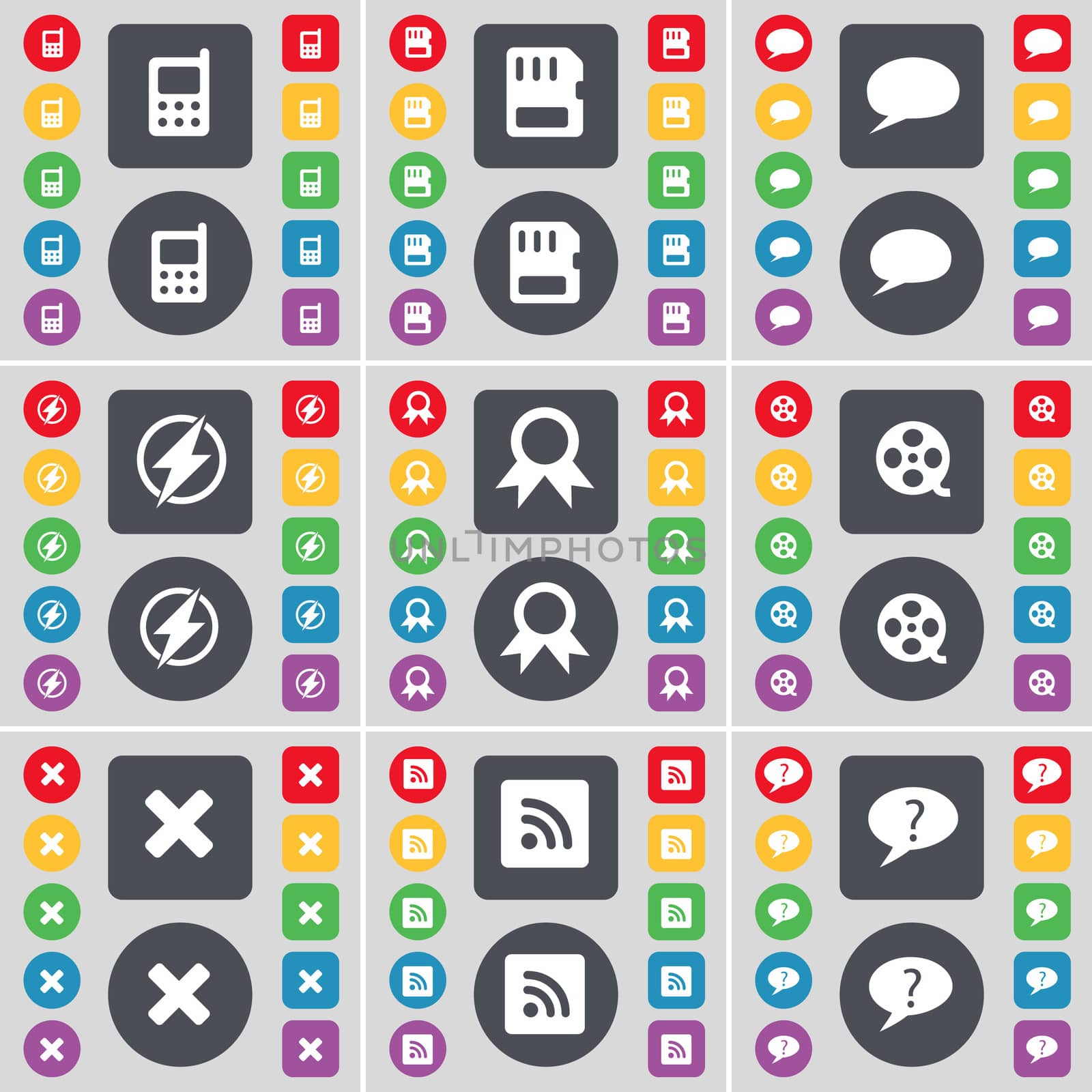 Mobile phone, SIM card, Chat bubble, Flash, Medal, Videotape, Stop, RSS, Chat bubble icon symbol. A large set of flat, colored buttons for your design. illustration