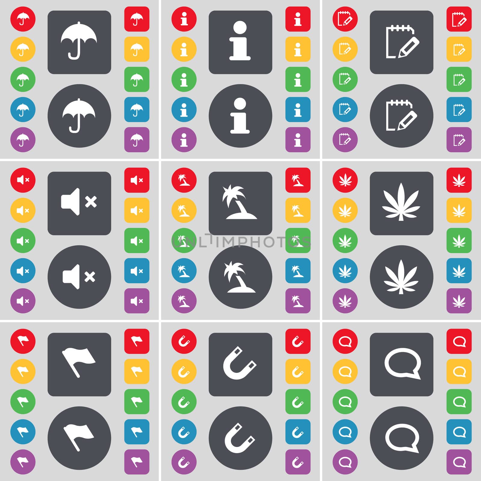 Umbrella, Information, Survey, Mute, Palm, Marijuana, Flag, Magnet, Chat bubble icon symbol. A large set of flat, colored buttons for your design.  by serhii_lohvyniuk