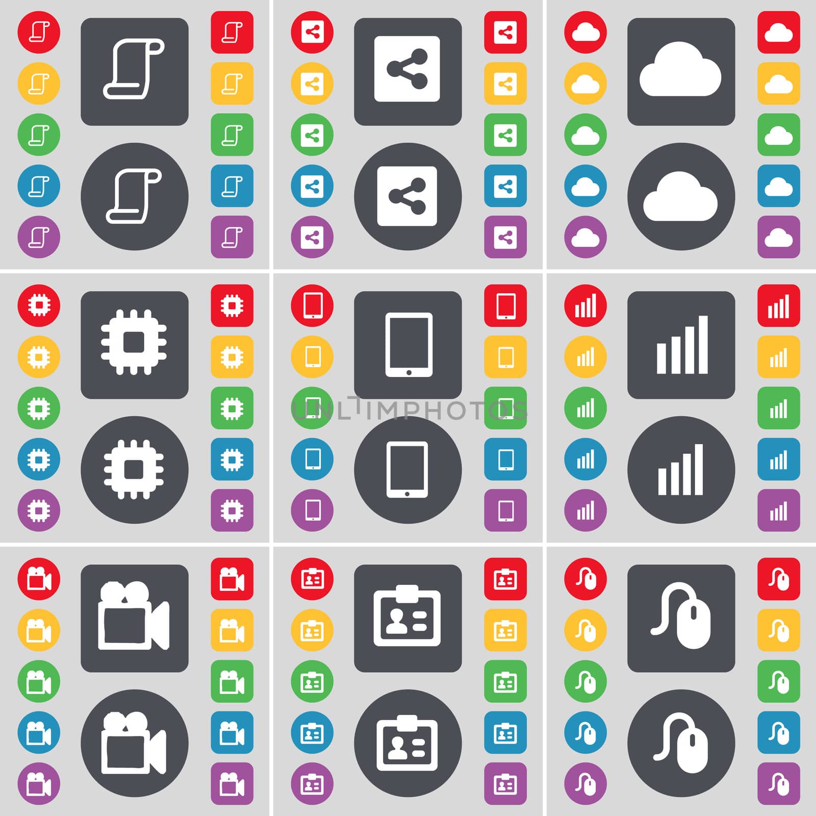 Scroll, Share, Cloud, Processor, Tablet PC, Diagram, Film camera, Contact, Mouse icon symbol. A large set of flat, colored buttons for your design. illustration