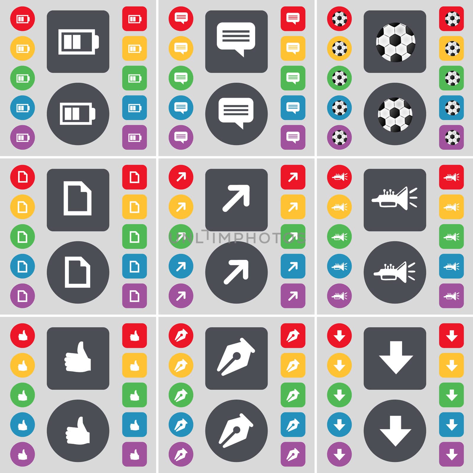 Battery, Chat bubble, Ball, File, Full screen, Trumped, Like, Ink pen, Arrow down icon symbol. A large set of flat, colored buttons for your design. illustration