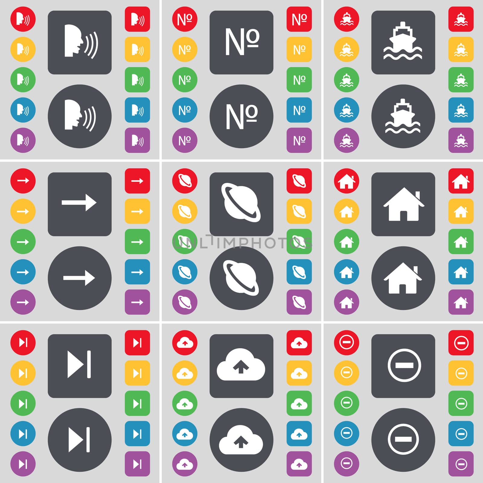 Talk, Number, Ship, Arrow right, Planet, House, Media skip, Cloud, Minus icon symbol. A large set of flat, colored buttons for your design. illustration
