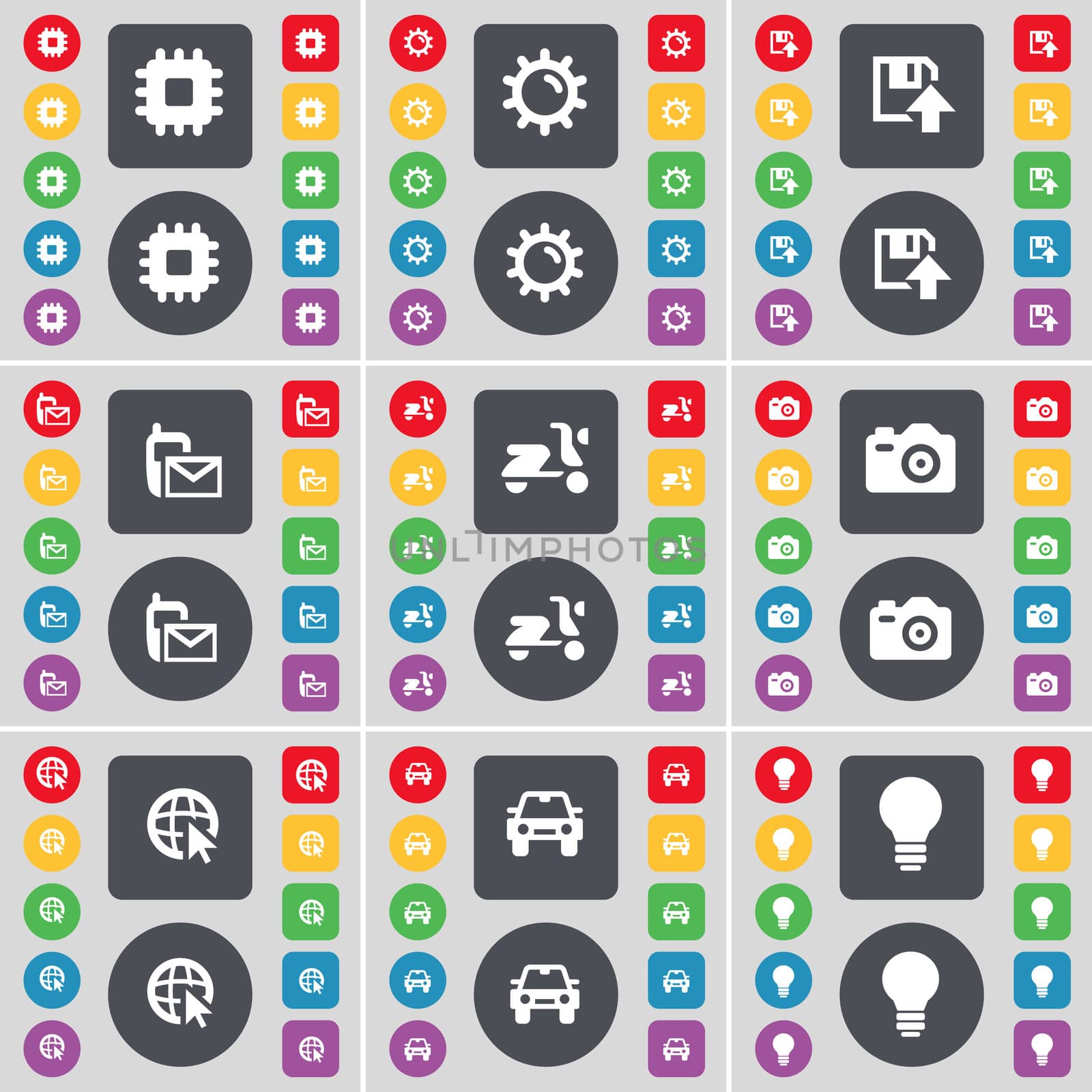 Processor, Gear, Floppy, SMS, Scooter, Camera, Web cursor, Car, Light bulb icon symbol. A large set of flat, colored buttons for your design. illustration