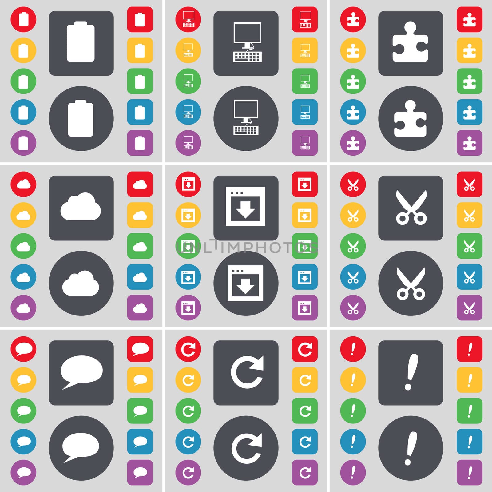 Battery, PC, Puzzle part, Cloud, Window, Airplane, Chat bubble, Reload, Exclamation mark icon symbol. A large set of flat, colored buttons for your design.  by serhii_lohvyniuk
