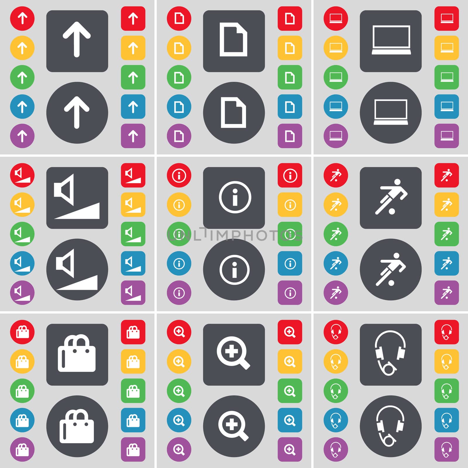 Arrow up, File, Laptop, Volume, Information, Football, Shopping bag, Plus, Headphones icon symbol. A large set of flat, colored buttons for your design.  by serhii_lohvyniuk