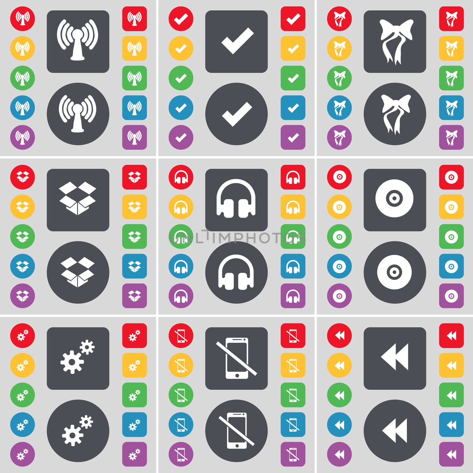 Wi-Fi, Tick, Bow, Dropbox, Headphones, Disk, Gear, Smartphones, Rewind icon symbol. A large set of flat, colored buttons for your design. illustration