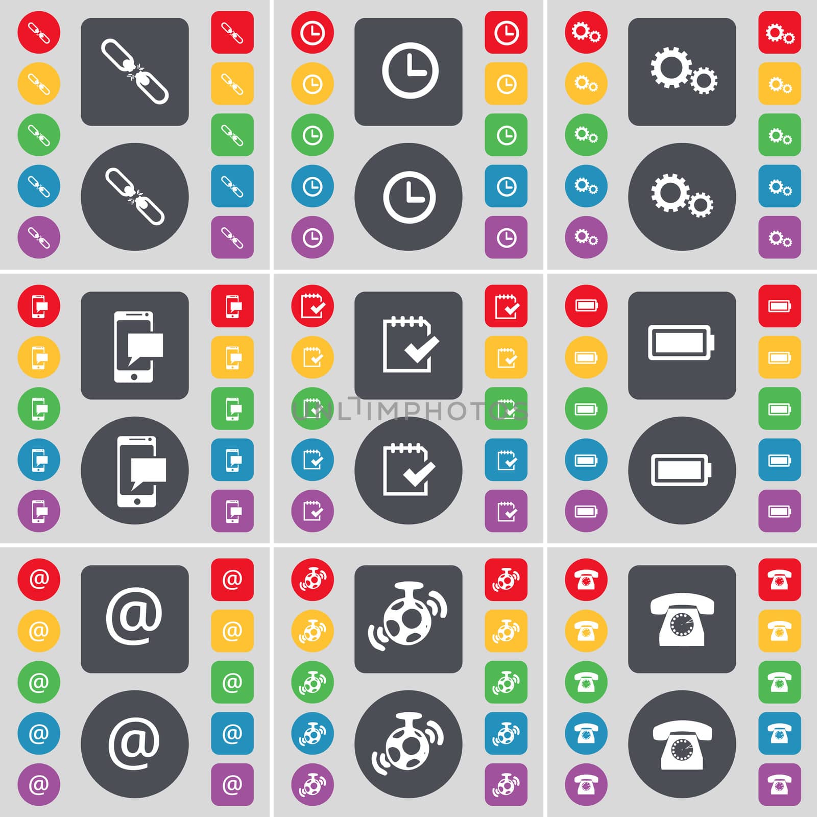 Link, Clock, Gear, SMS, Survey, Battery, Mail, Speaker, Retro phone icon symbol. A large set of flat, colored buttons for your design.  by serhii_lohvyniuk
