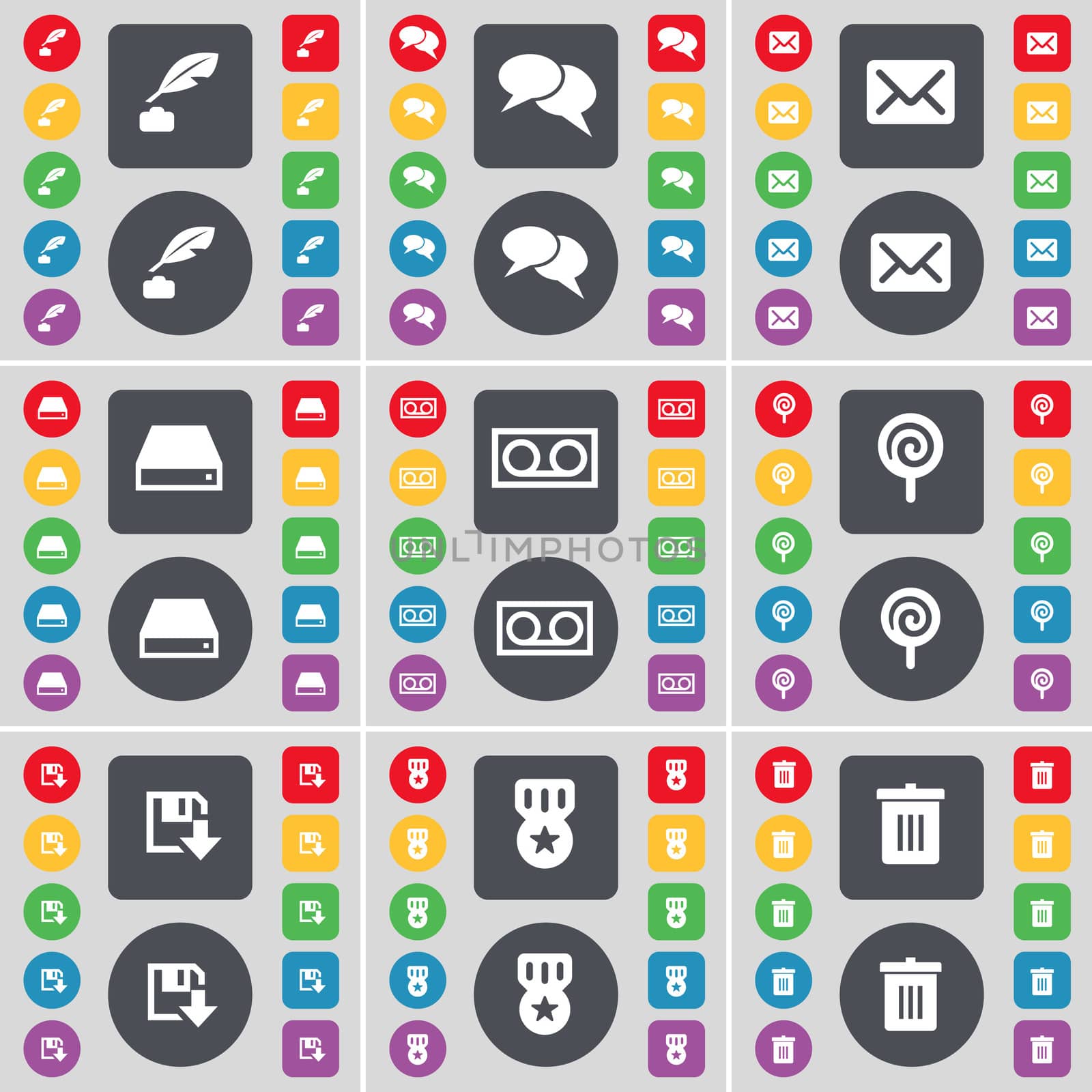 Ink pot, Chat, Message, Hard drive, Cassette, Lollipop, Floppy, Medal, Trash can icon symbol. A large set of flat, colored buttons for your design. illustration