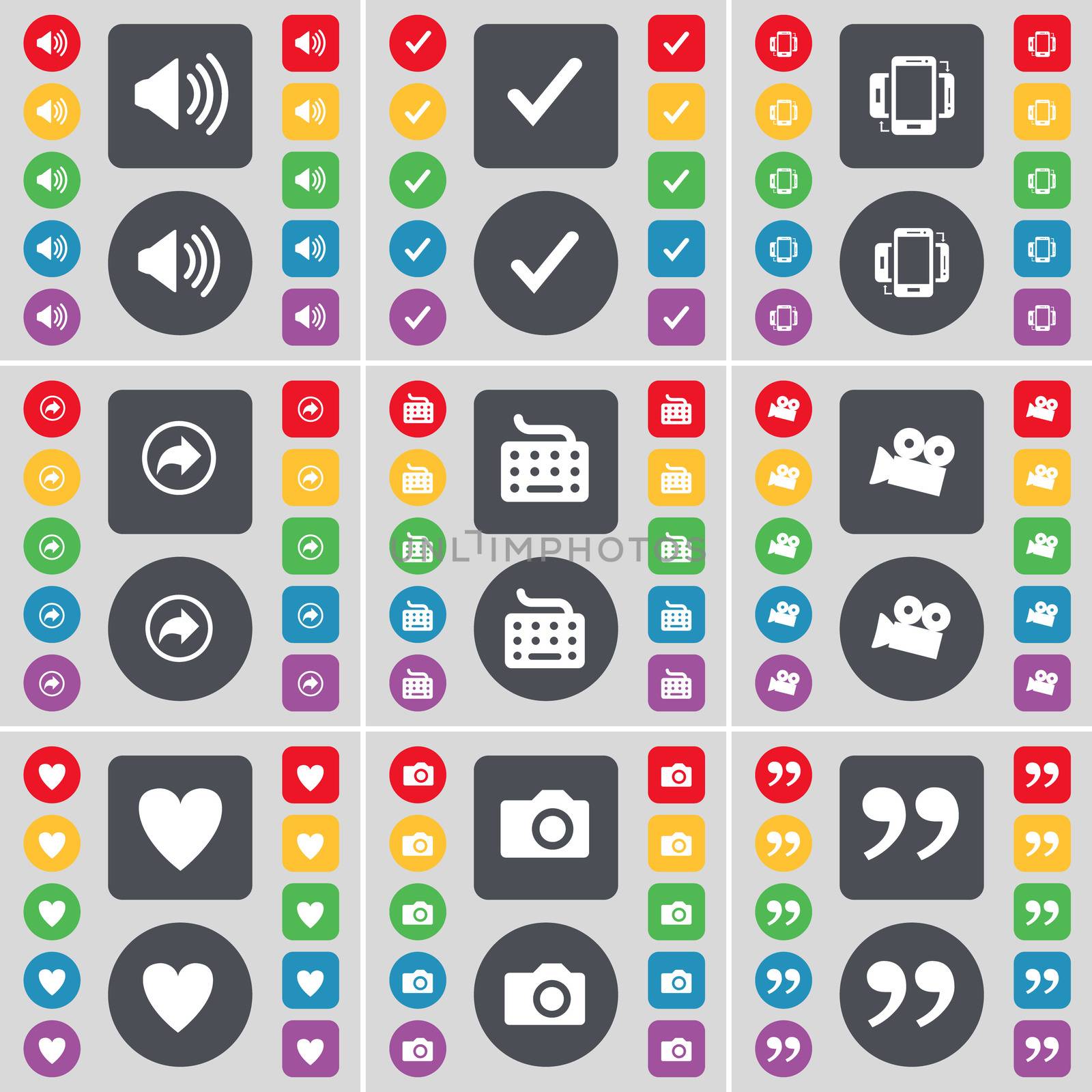 Sound, Tick, Smartphone, Back, Keyboard, Film camera, Heart, Camera, Quotation mark icon symbol. A large set of flat, colored buttons for your design. illustration