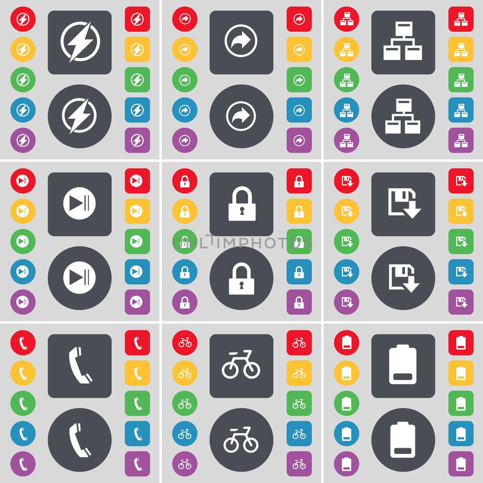 Flash, Back, Network, Media skip, Lock, Floppy, Receiver, Bicycling, Battery icon symbol. A large set of flat, colored buttons for your design. illustration