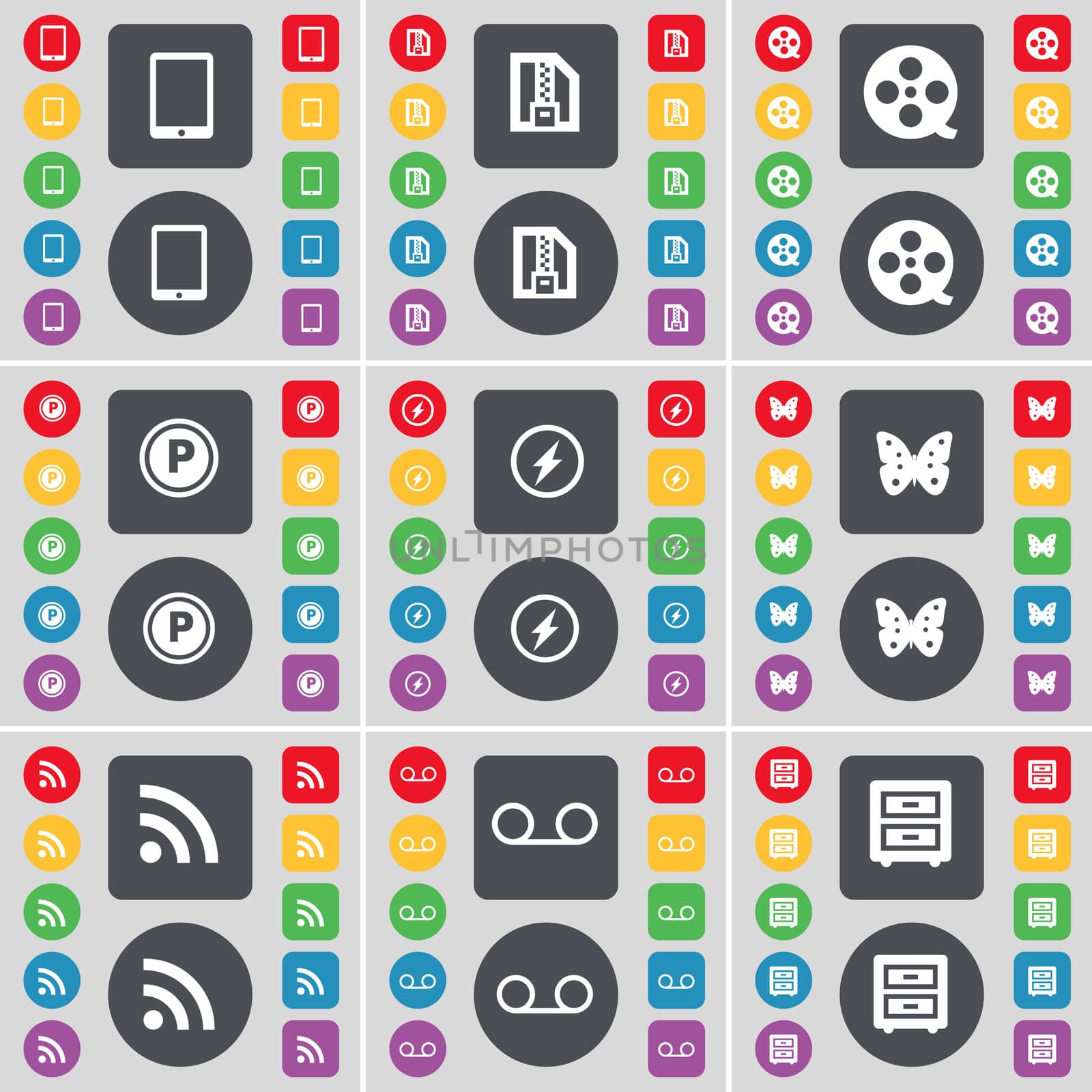 Tablet PC, ZIP file, Videotape, Parking, Flash, Butterfly, RSS, Cassette, Bed-table icon symbol. A large set of flat, colored buttons for your design. illustration