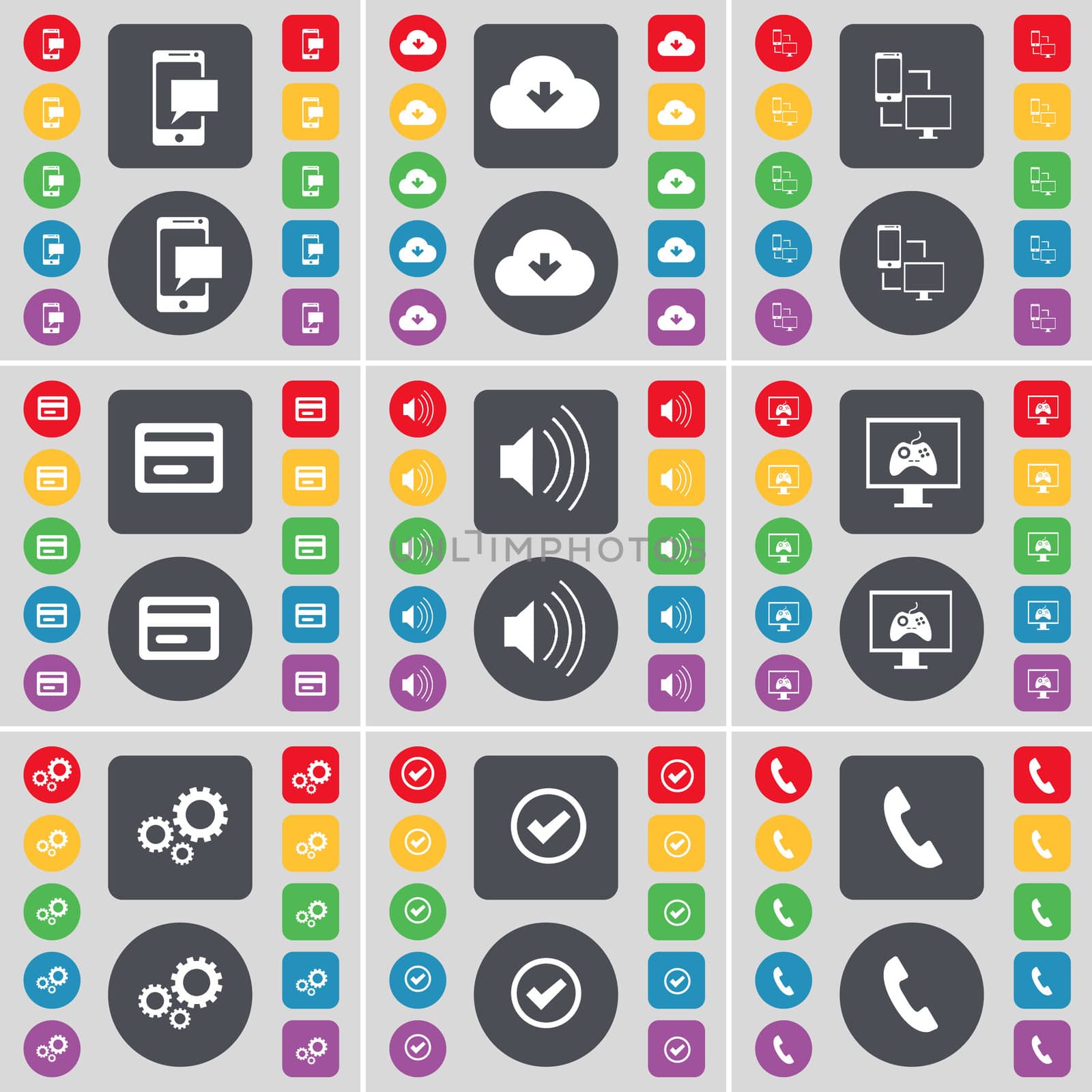 SMS, Cloud, Connection, Credit card, Sound, Monitor, Gear, Tick, Receiver icon symbol. A large set of flat, colored buttons for your design.  by serhii_lohvyniuk