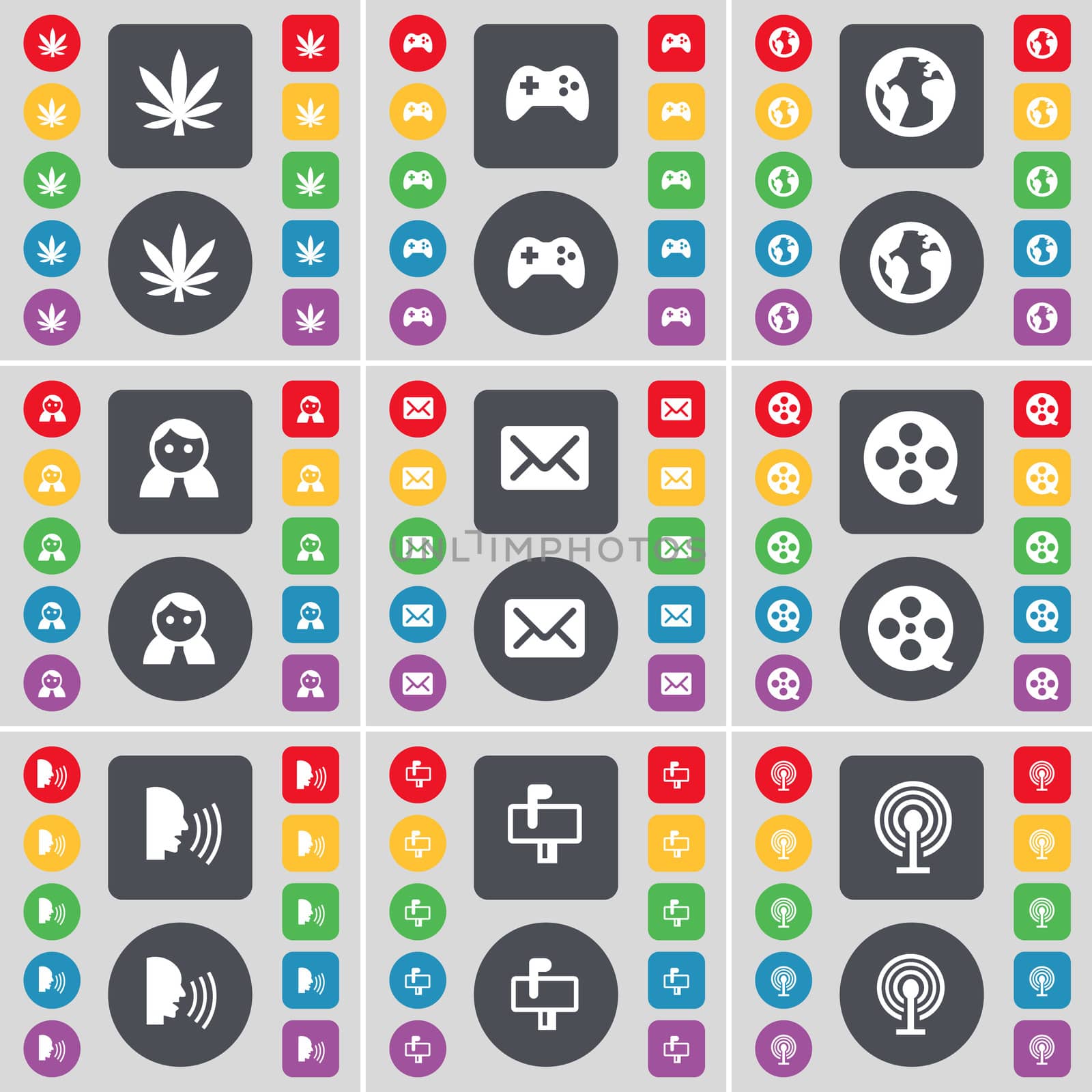 Marijuana, Gamepad, Earth, Avatar, Message, Videotape, Talk, Mailbox, Wi-Fi icon symbol. A large set of flat, colored buttons for your design.  by serhii_lohvyniuk
