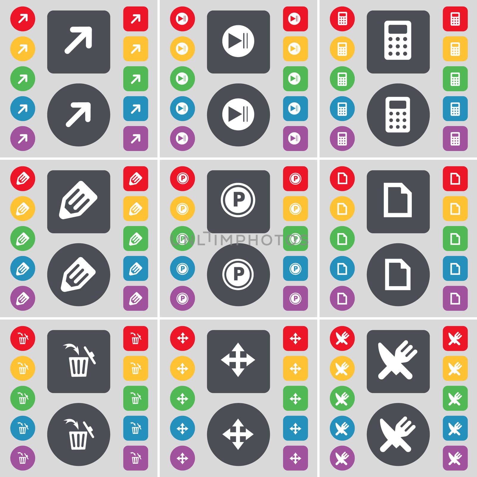 Full screen, Media skip, Calculator, Pencil, Parking, File, Trash can, Moving, Fork and knife icon symbol. A large set of flat, colored buttons for your design.  by serhii_lohvyniuk