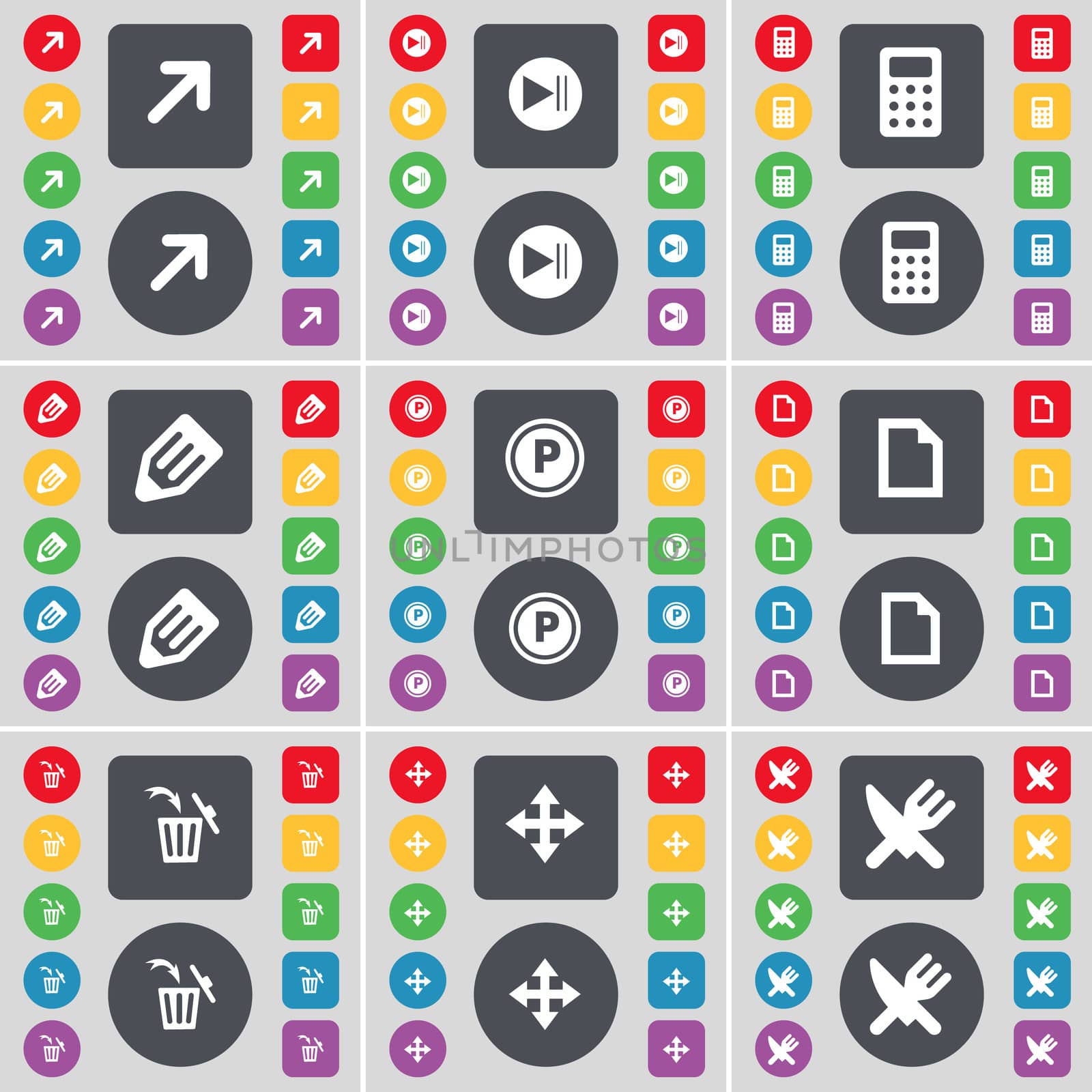 Full screen, Media skip, Calculator, Pencil, Parking, File, Trash can, Moving, Fork and knife icon symbol. A large set of flat, colored buttons for your design. illustration