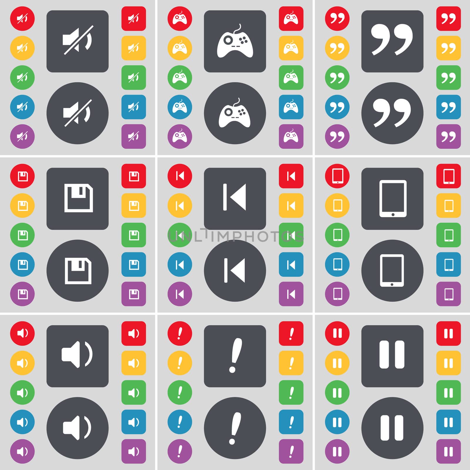 Mute, Gamepad, Quotation mark, Floppy, Media skip, Tablet PC, Sound, Exclamation mark, Pause icon symbol. A large set of flat, colored buttons for your design.  by serhii_lohvyniuk