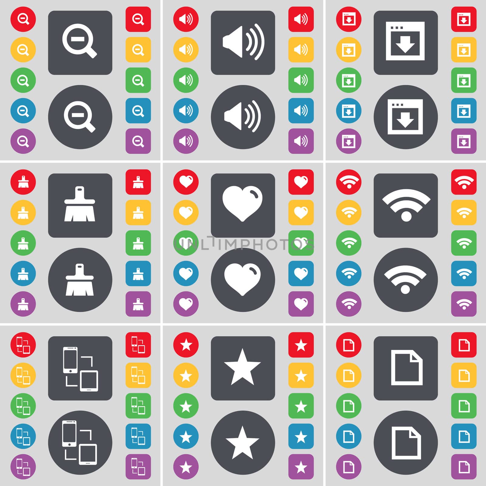 Minus, Sound, Window, Brush, Heart, Wi-Fi, Connection, Star, File icon symbol. A large set of flat, colored buttons for your design.  by serhii_lohvyniuk