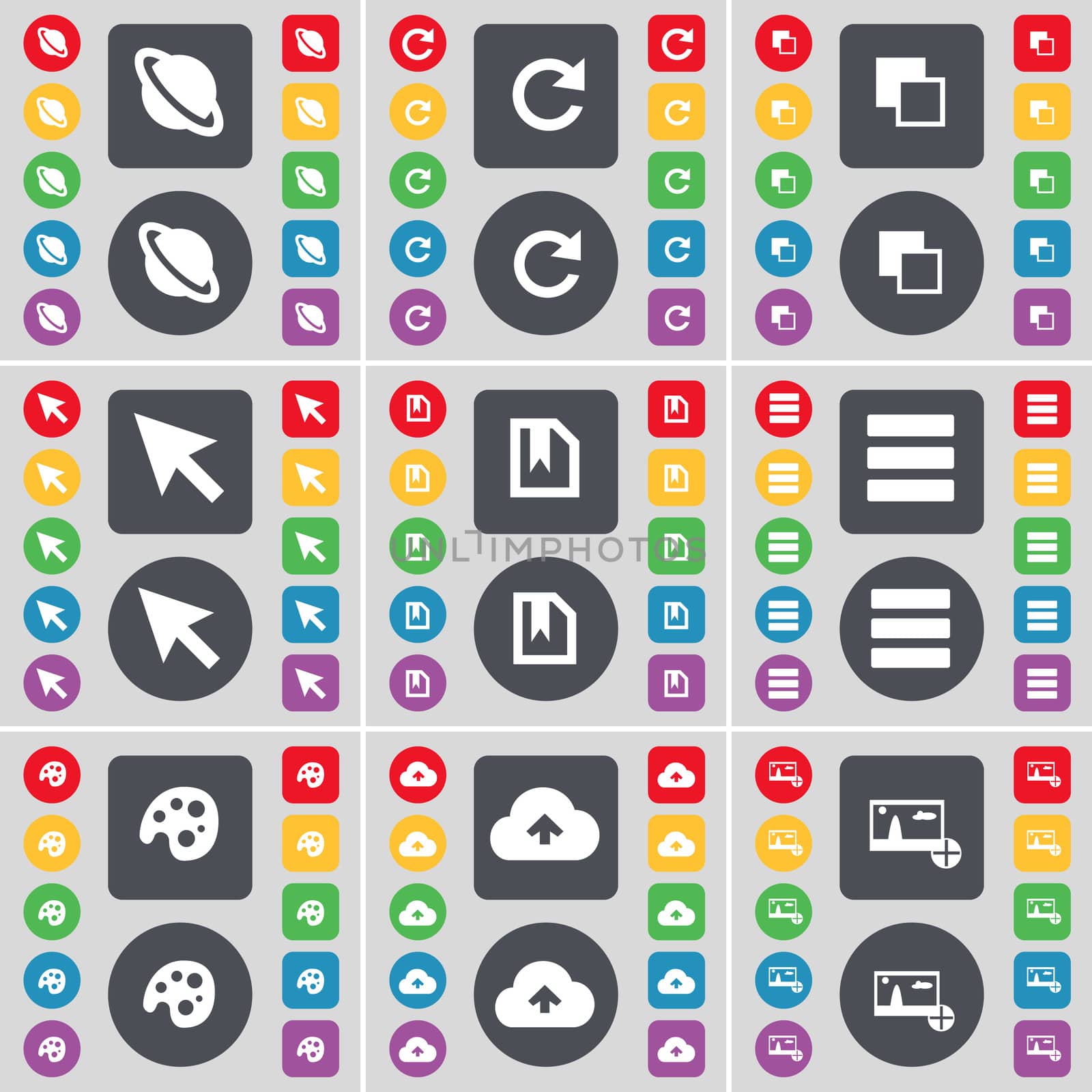Planet, Reload, Copy, Cursor, File, Apps, Palette, Cloud, Picture icon symbol. A large set of flat, colored buttons for your design. illustration