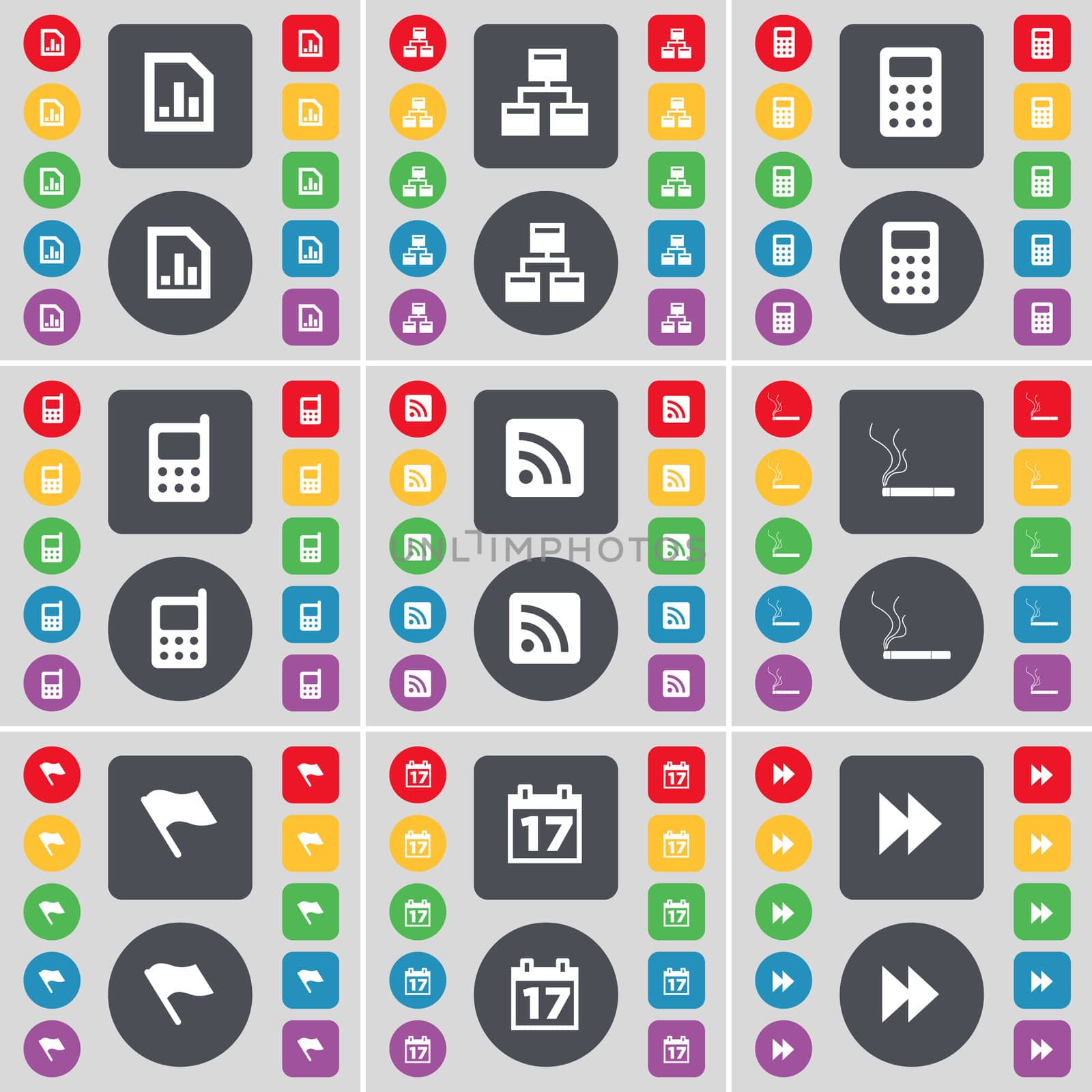 Diagram file, Network, Calculator, Mobile phone, RSS, Cigarette, Flag, Calendar, Rewind icon symbol. A large set of flat, colored buttons for your design. illustration