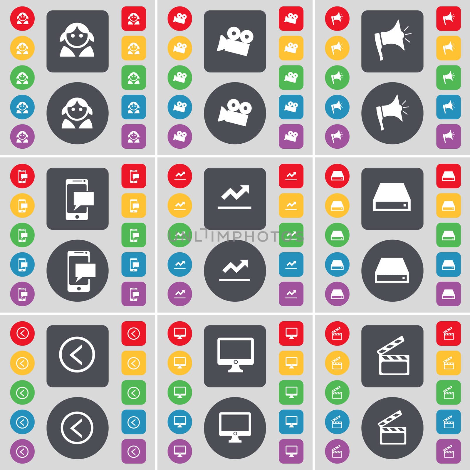 Avatar, Film camera, Megaphone, SMS, Graph, Hard drive, Arrow left, Monitor, Clapper icon symbol. A large set of flat, colored buttons for your design. illustration