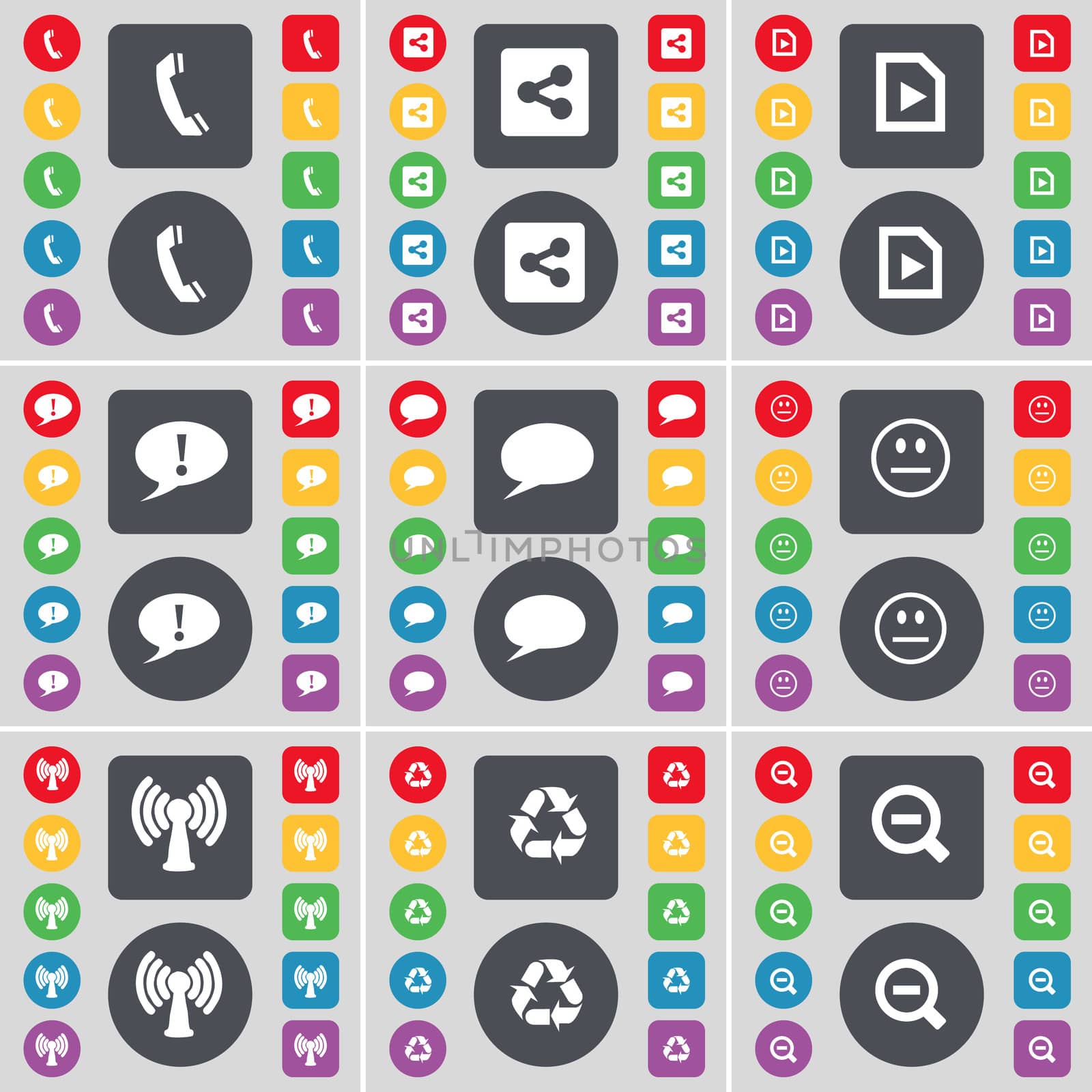 Receiver, Share, Media file, Chat bubble, Smile, Wi-Fi, Recycling, Minus icon symbol. A large set of flat, colored buttons for your design. illustration