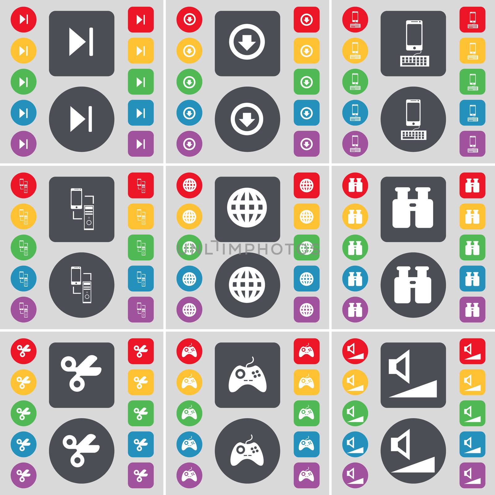 Media skip, Arrow down, Smartphone, Connection, Globe, Binoculars, Scissors, Gamepad, Volume icon symbol. A large set of flat, colored buttons for your design. illustration