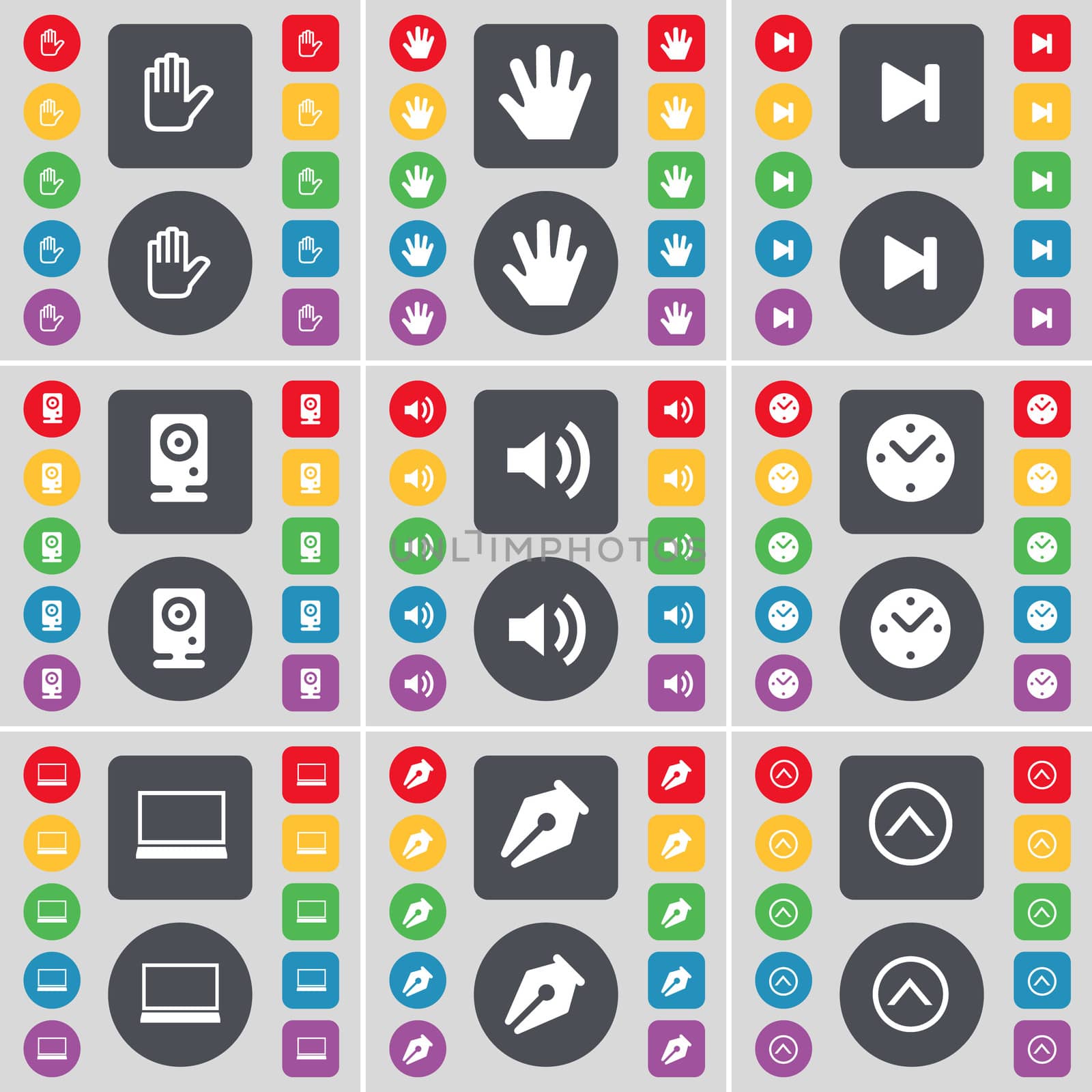 Hand, Media skip, Speaker, Sound, Clock, Laptop, Ink pen, Arrow up icon symbol. A large set of flat, colored buttons for your design. illustration