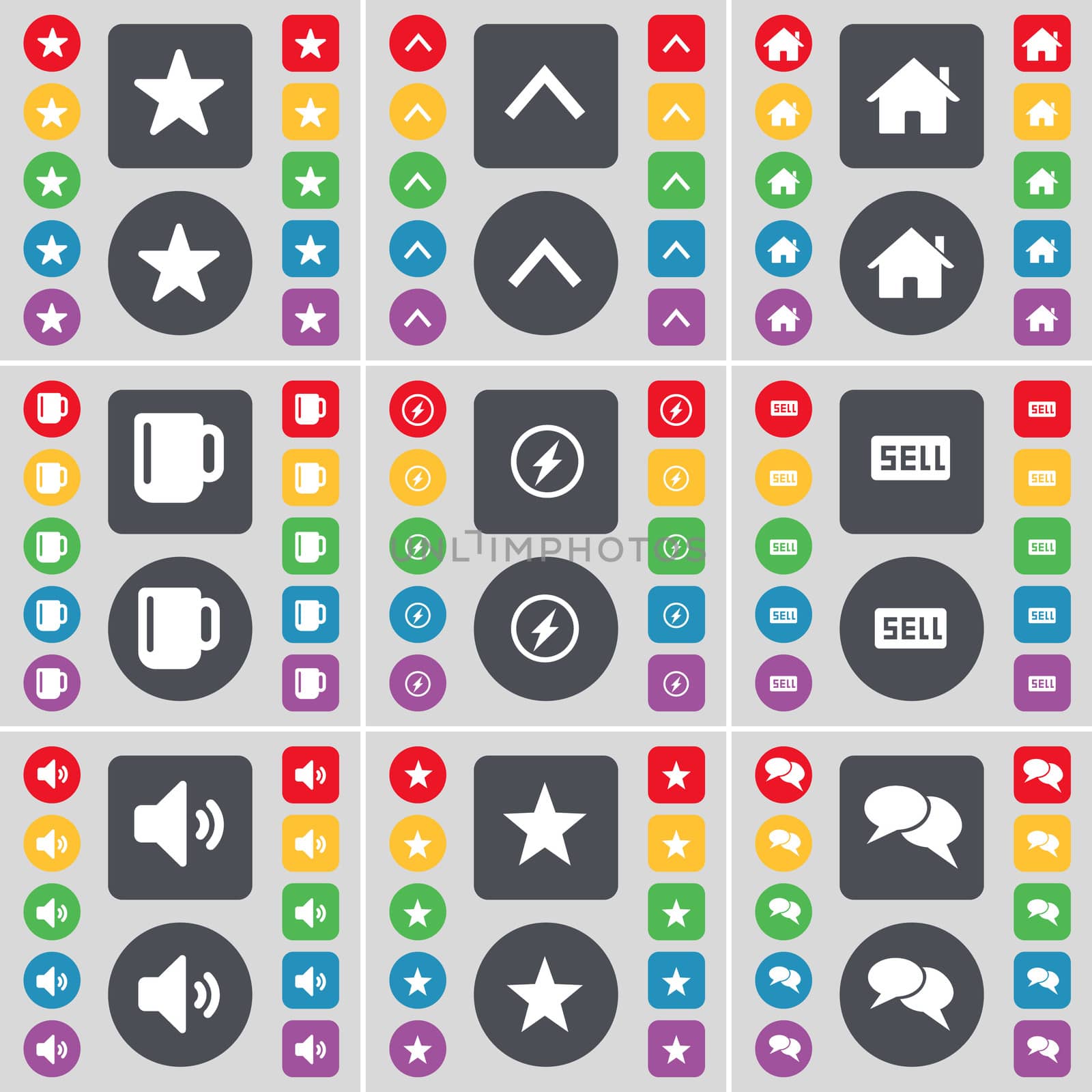Star, Arrow up, House, Cup, Flash, Sell, Sound, Star, Chat icon symbol. A large set of flat, colored buttons for your design.  by serhii_lohvyniuk