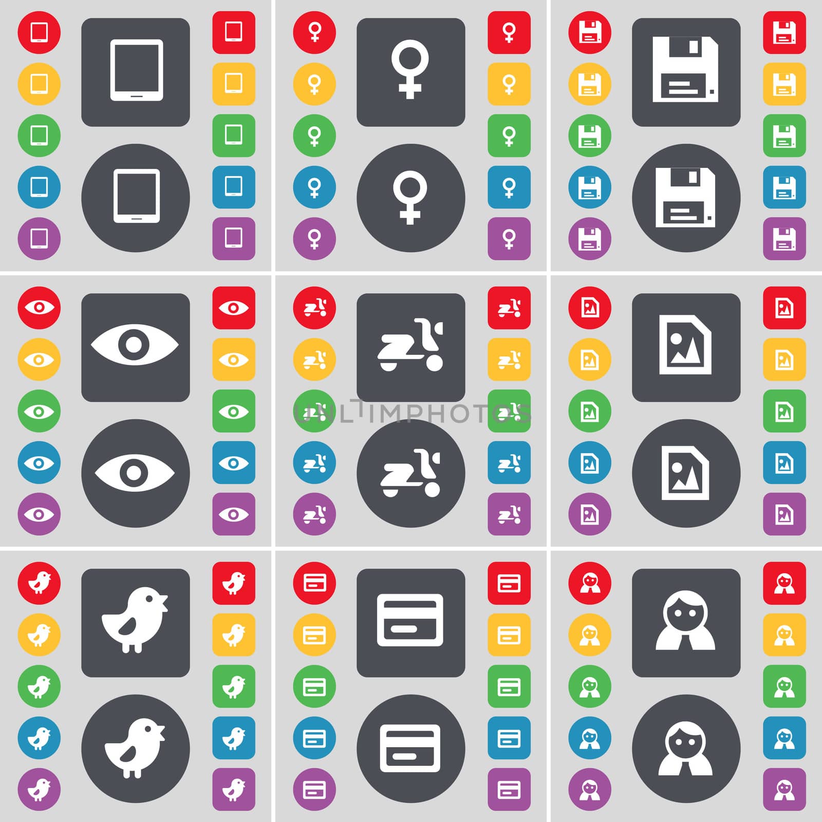 Tablet PC, Venus symbol, Floppy, Vision, Scooter, Media file, Bird, Credit card, Avatar icon symbol. A large set of flat, colored buttons for your design. illustration