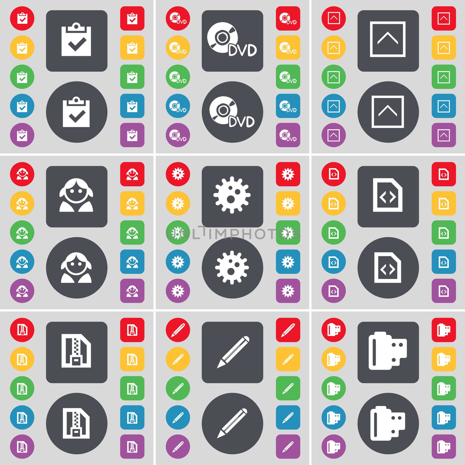 Survey, DVD, Arrow up, Avatar, Gear, File, ZIP file, Pencil, Negative films icon symbol. A large set of flat, colored buttons for your design. illustration