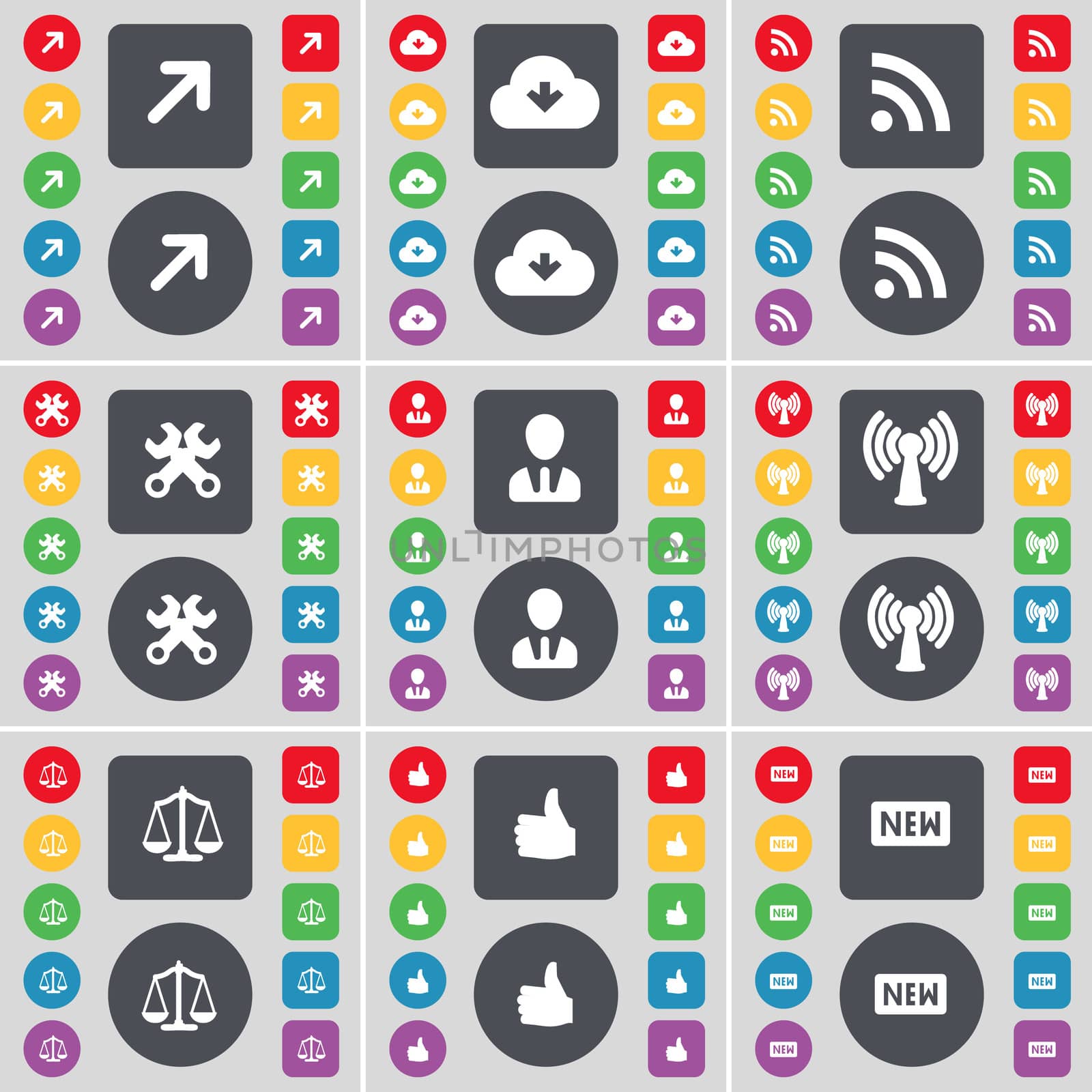 Full screen, Cloud, RSS, Wrenches, Avatar, Wi-Fi, Scales, Like, New icon symbol. A large set of flat, colored buttons for your design. illustration