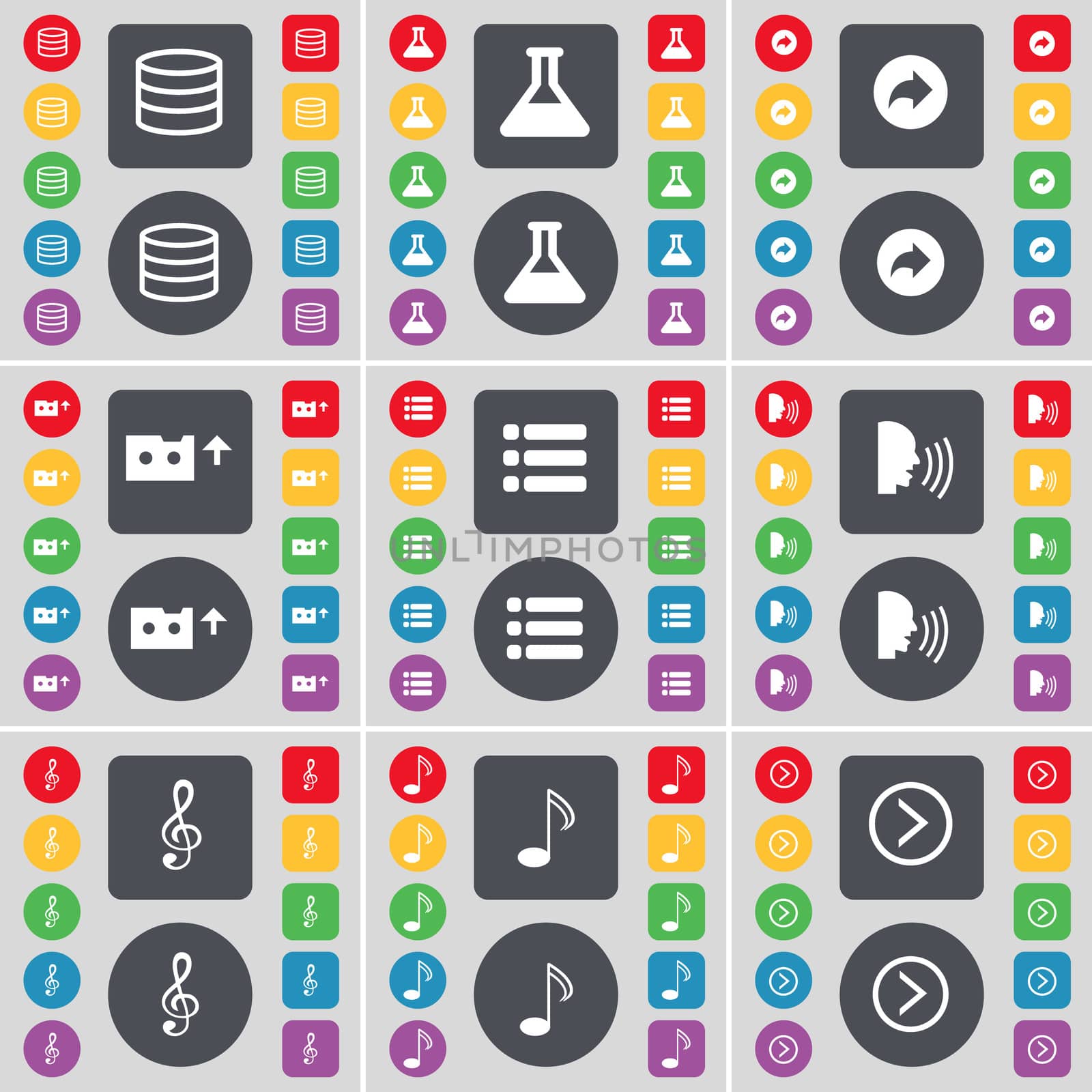 Database, Flask, Back, Cassette, List, Talk, Clef, Note, Arrow right icon symbol. A large set of flat, colored buttons for your design. illustration