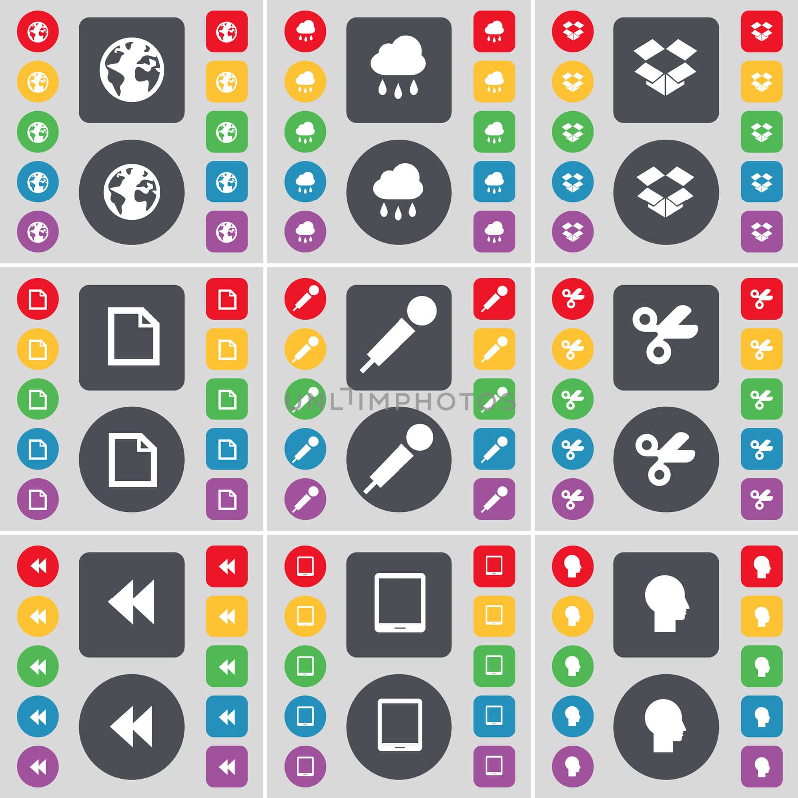 Earth, Cloud, Dropbox, File, Microphone, Scissors, Rewind, Tablet PC, Silhouette icon symbol. A large set of flat, colored buttons for your design. illustration