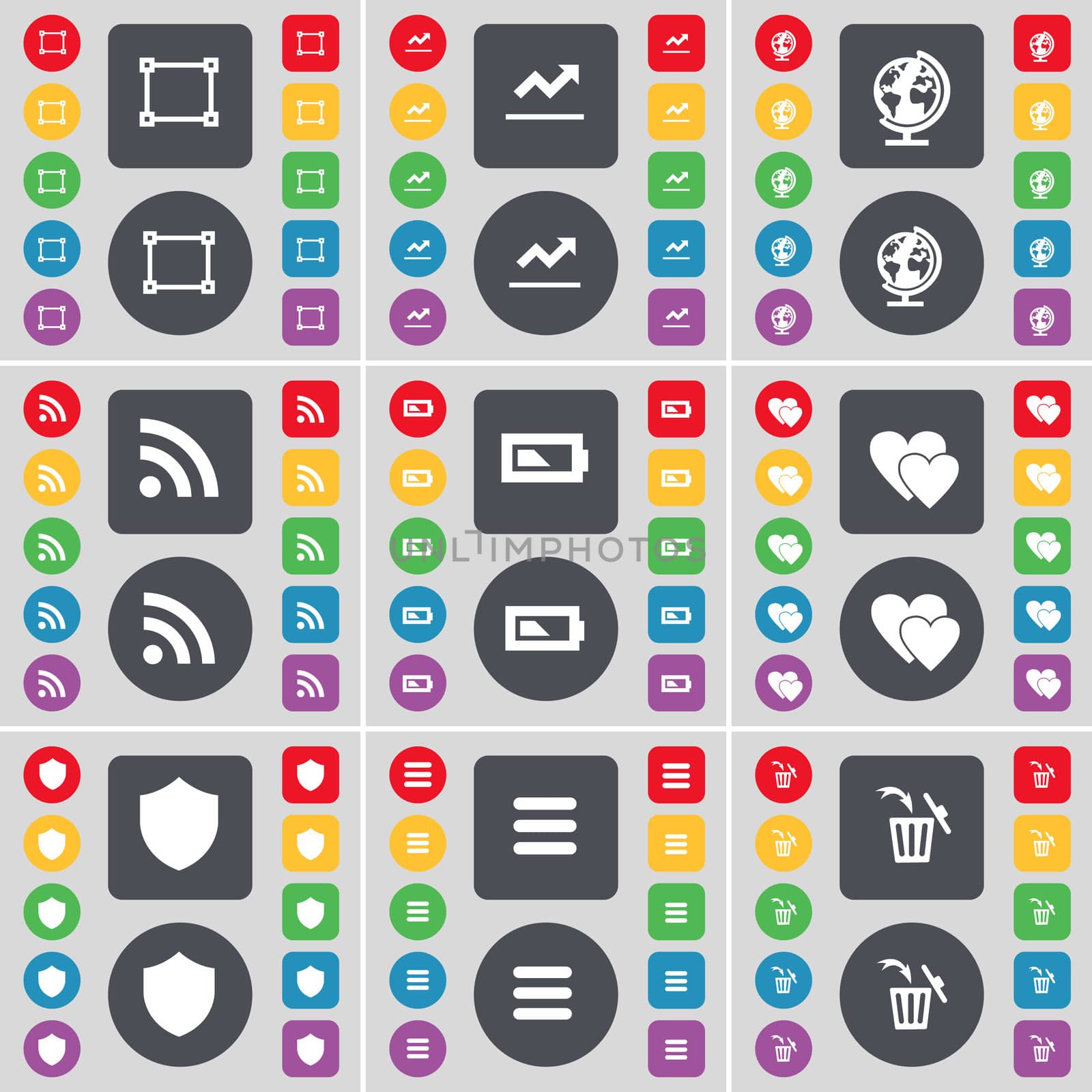 Frame, Graph, Globe, RSS, Battery, Heart, Badge, Apps, Trash can icon symbol. A large set of flat, colored buttons for your design. illustration