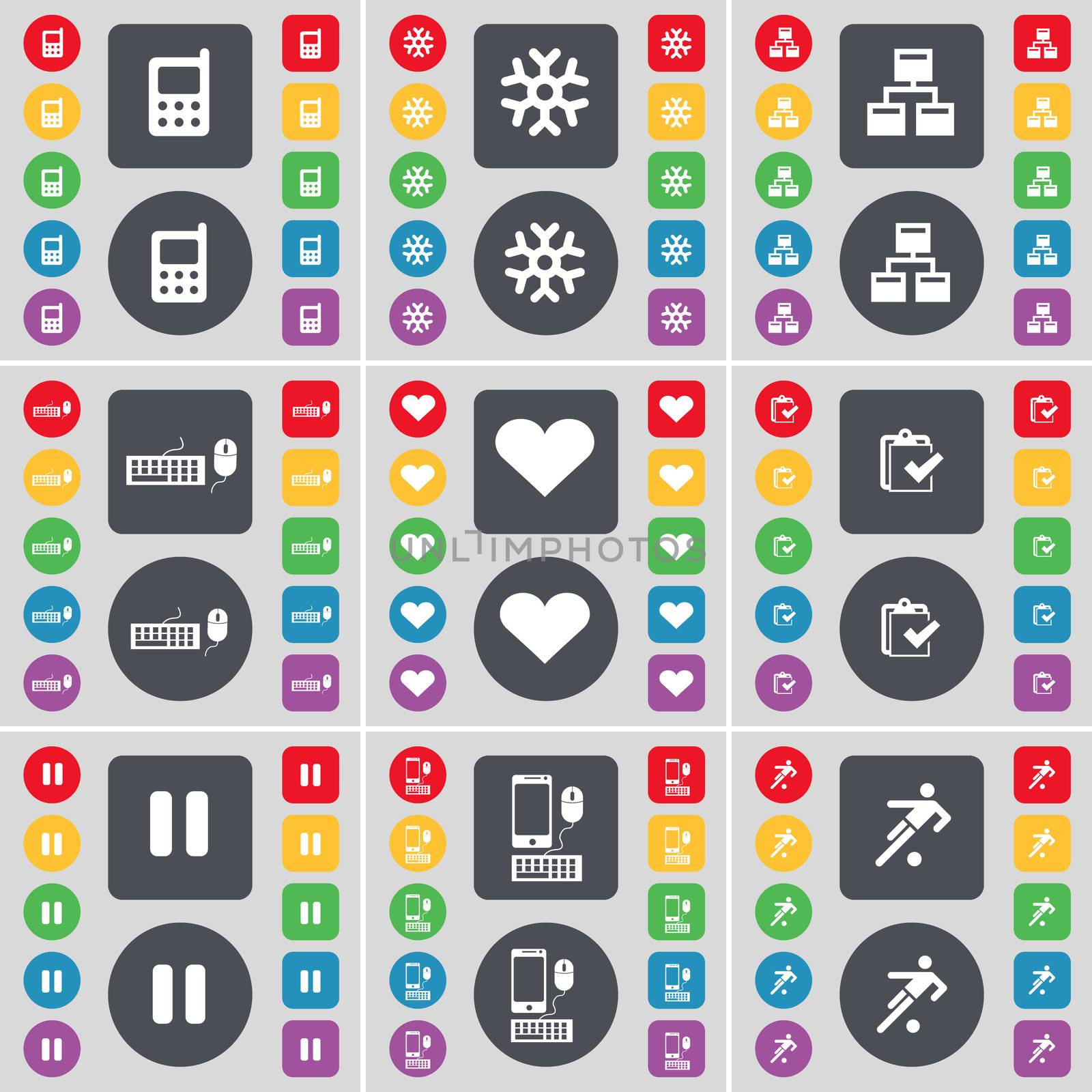 Mobile phone, Snowflake, Network, Keyboard, Heart, Survey, Pause, Smartphone, Football icon symbol. A large set of flat, colored buttons for your design. illustration