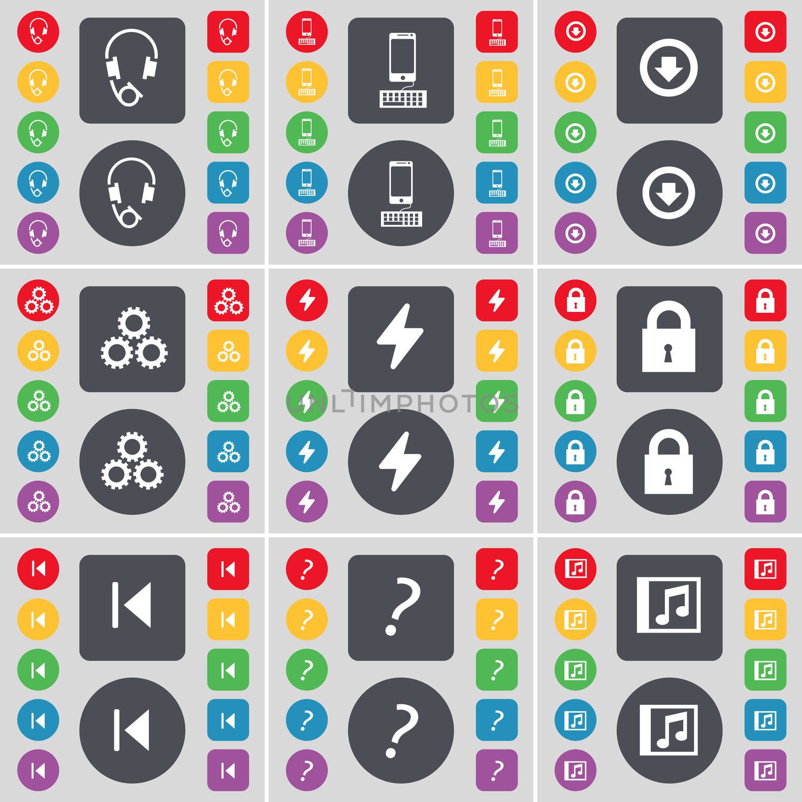 Headphones, Smartphone, Arrow down, Gear, Flash, Lock, Media skip, Question mark, Music window icon symbol. A large set of flat, colored buttons for your design. illustration