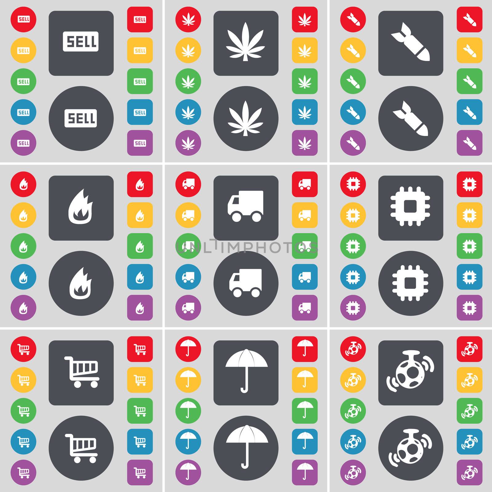 Sell, Marijuana, Rocket, Fire, Truck, Processor, Shopping cart, Umbrella, Speaker icon symbol. A large set of flat, colored buttons for your design. illustration